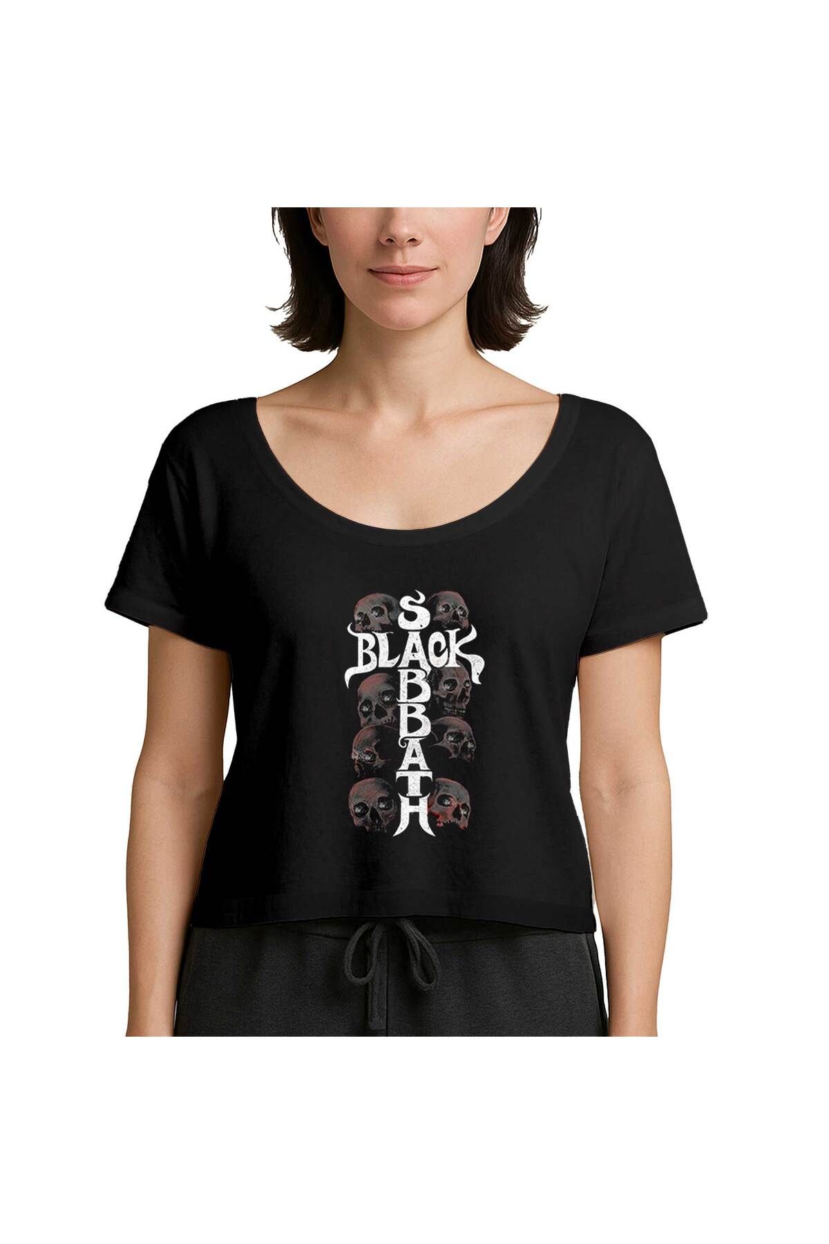 Z zepplin Black Sabbath Skull Siyah Kadın Tişört