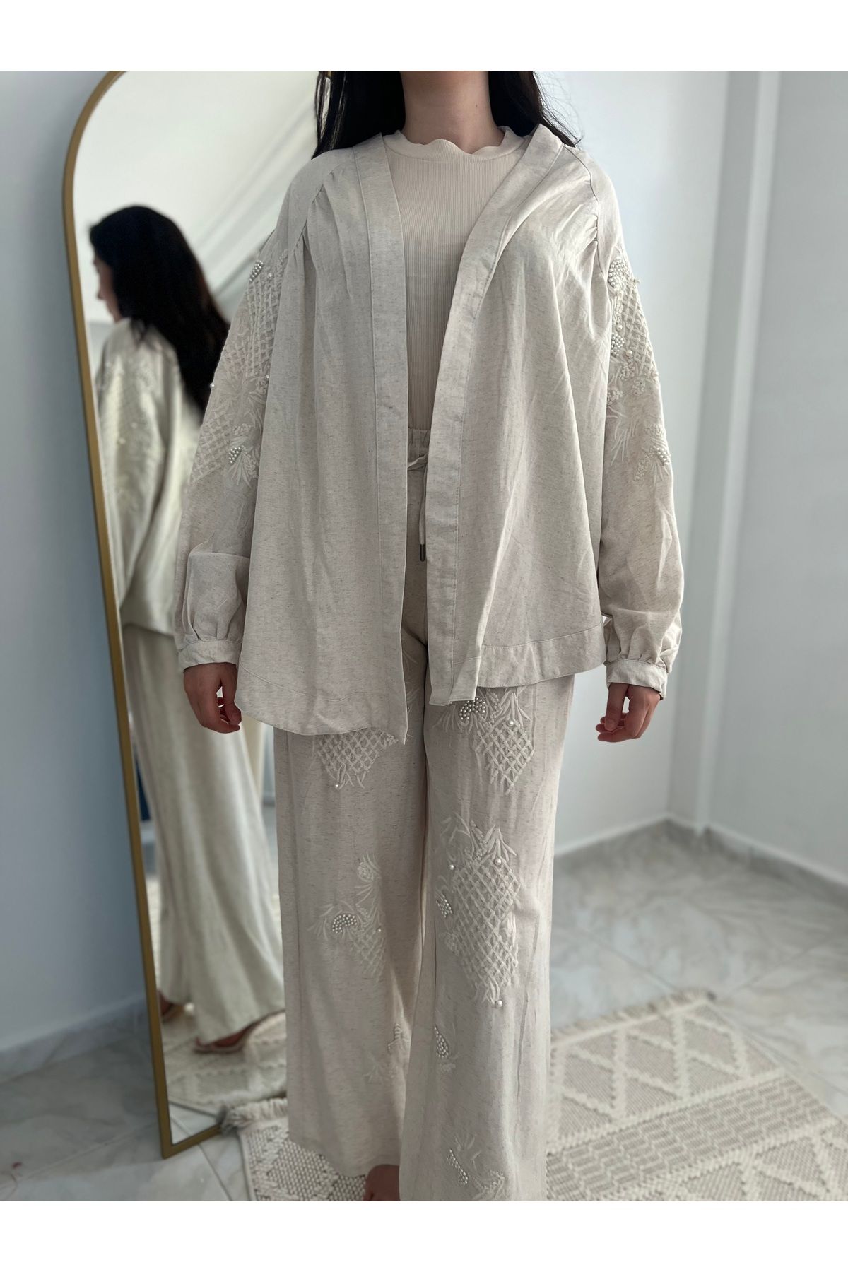 Butik İnci işlemeli kimono takım