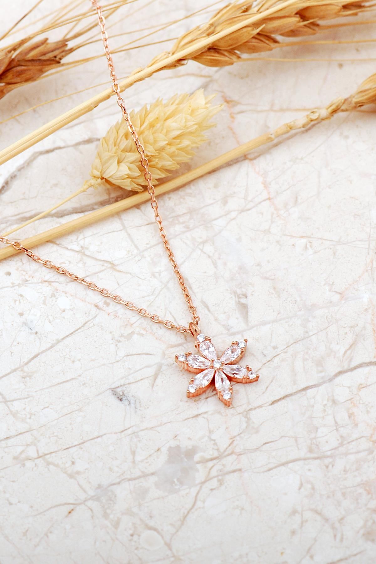 Sümer Telkari Taşlı Lotus Çiçeği Rose Gümüş Kolye 8091