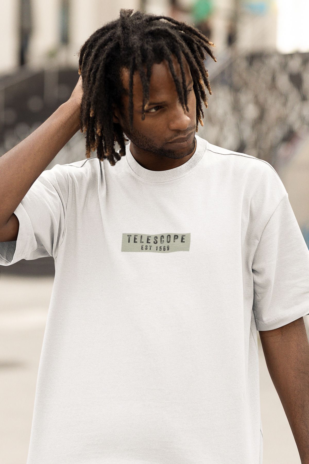 Uniquetex NUBENSE / TELAS-07 - Oversize Unisex Teleskop Baskılı Beyaz Bisiklet Yaka T-shirt (Bilim Tişört)