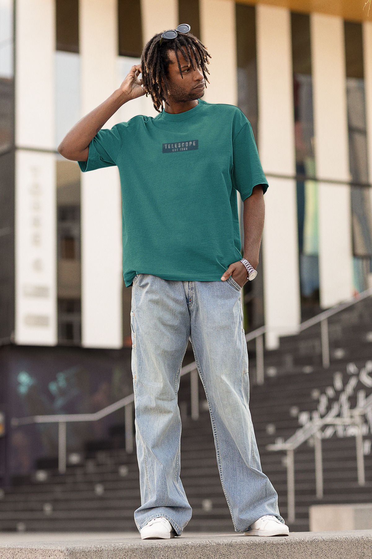 Uniquetex NUBENSE/TELAS16- Oversize Unisex Teleskop Baskılı Turkuaz Yeşil Bisiklet Yaka T-shirt (Bilim Tişört)