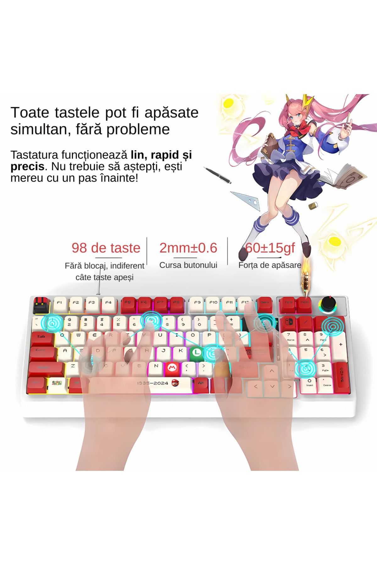LUDORA-Mechanical Gaming Keyboard, Rainbow RGB Lighting, USB Cable, Mechanical Switch, 98 Buttons 6
