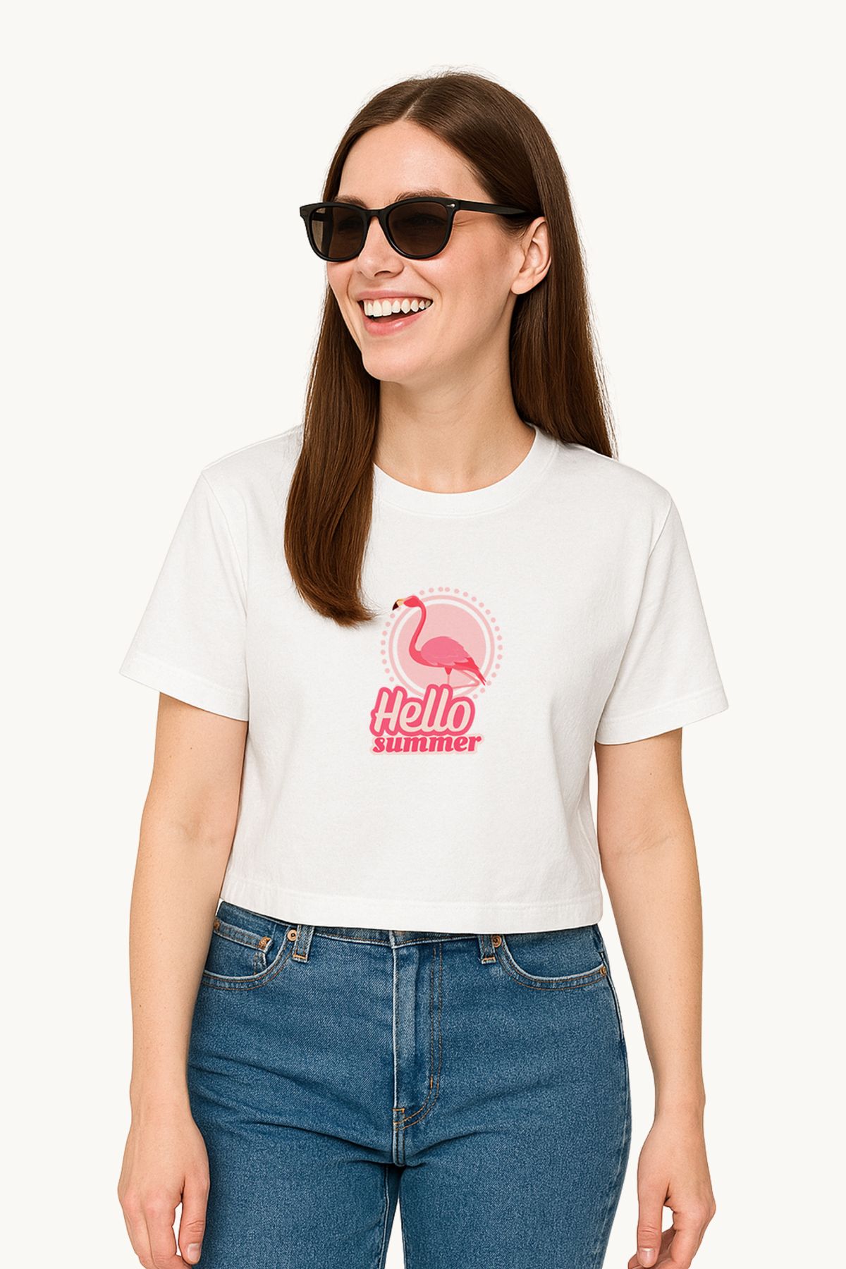 FANA Kadın Beyaz Tişört Retro Flamingo Renkli Baskılı Yazlık