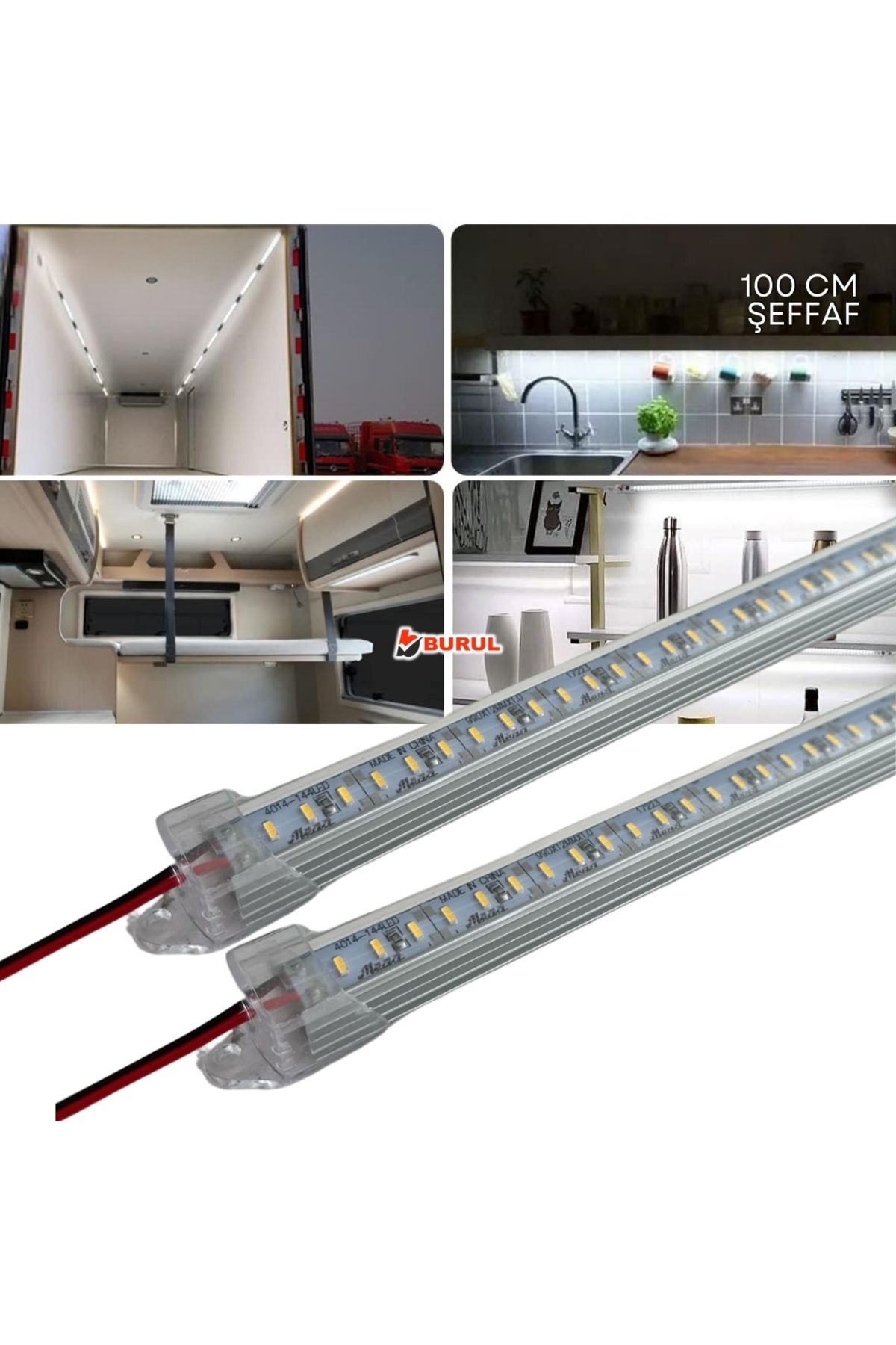 burul SB-6552 2 Adet Alüminyum Kasalı Yüksek Lümen 4014 Bar Led 12 Volt Beyaz 50 Cm Şeffaf Karavan Tekne