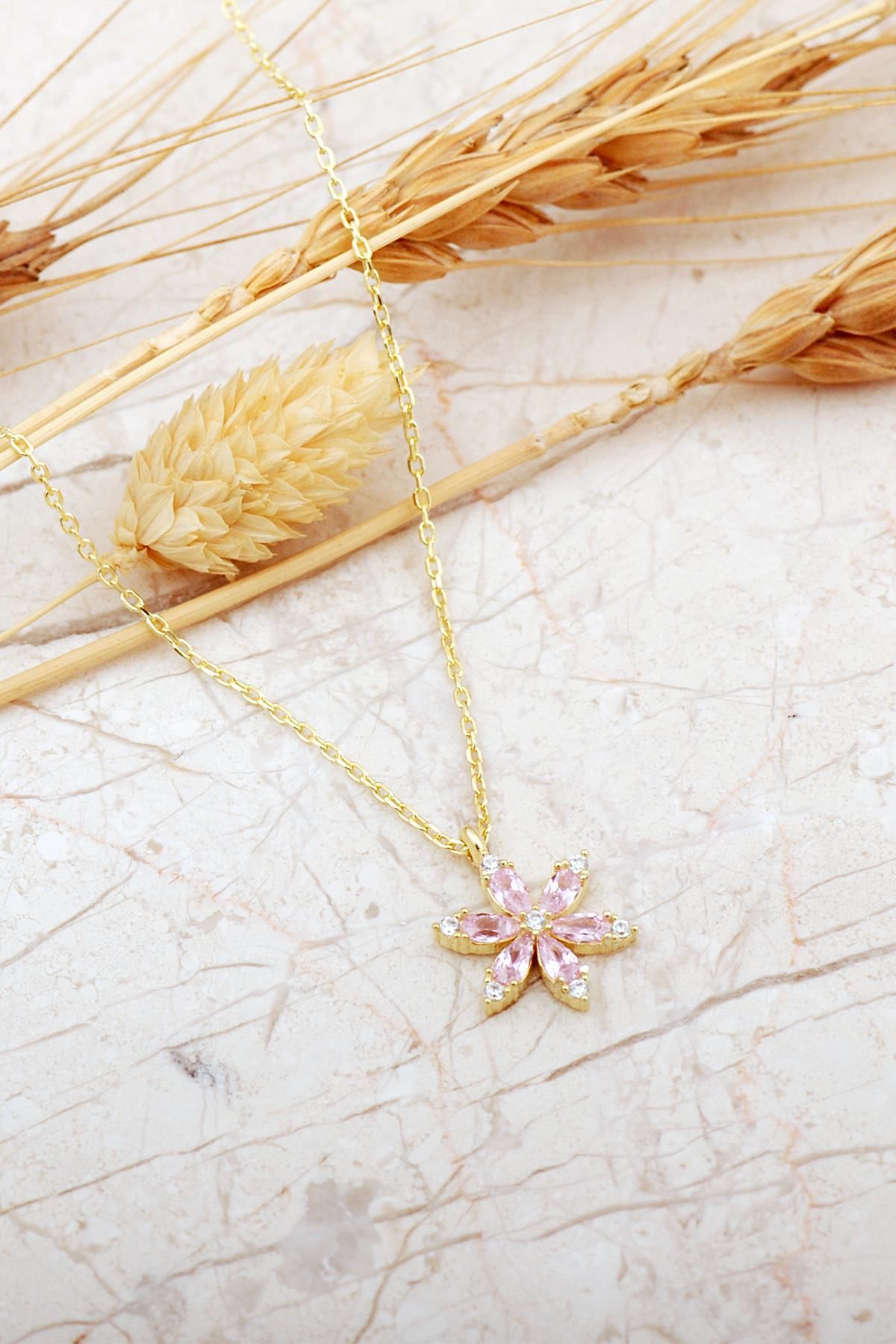 Sümer Telkari Pembe Taşlı Lotus Çiçeği Altın Kaplama Gümüş Kolye 8087