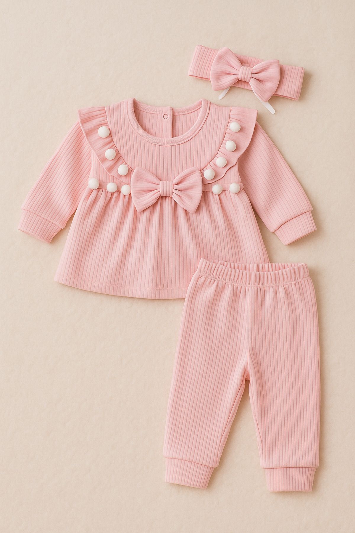 LITTLE&CO Yenidoğan Kız Bebek 0-18 Ay Bandanalı Fiyonk Detaylı Kız Bebek 3 Parça Takım