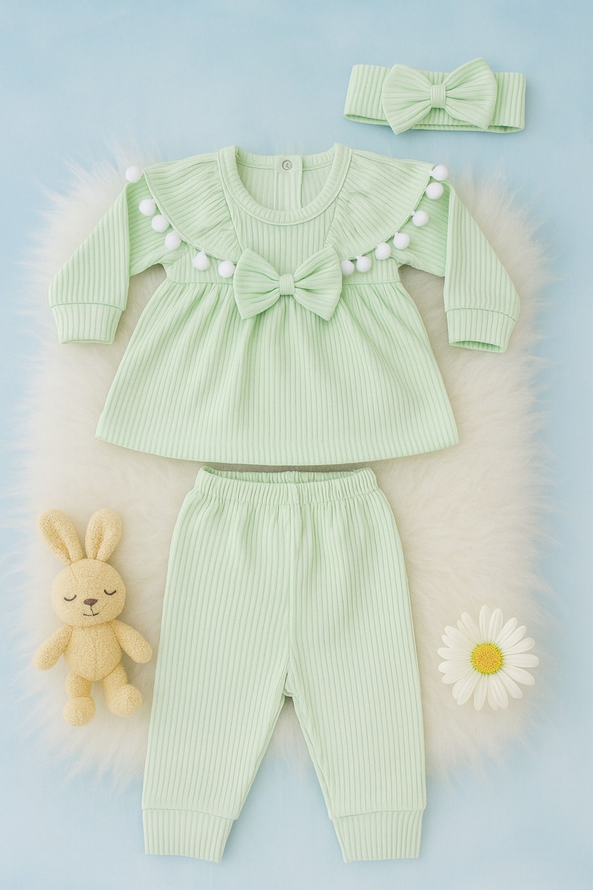 LITTLE&CO Yenidoğan Kız Bebek 0-18 Ay Bandanalı Fiyonk Detaylı Kız Bebek 3 Parça Takım