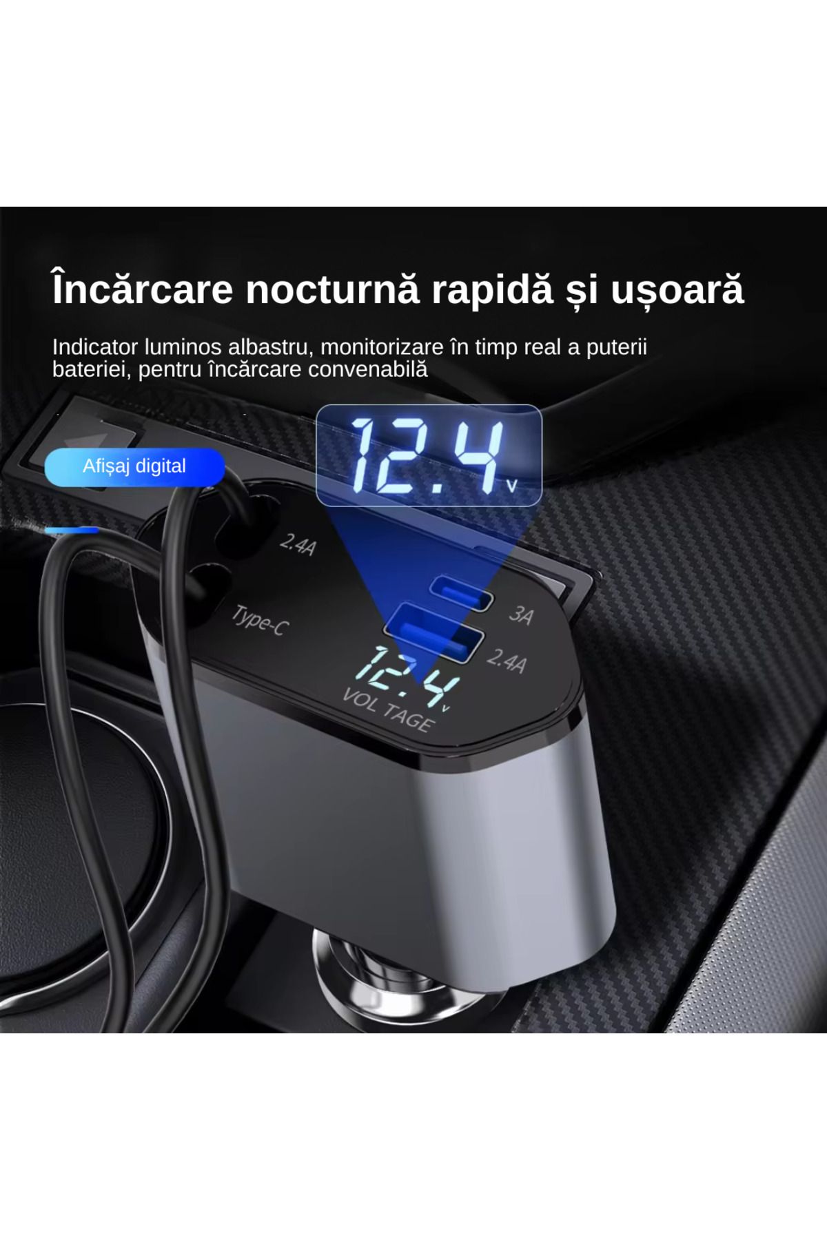 LUDORA-Incarcator Auto, Incarcare Rapida, Cablu de Date Tip-C 100W, iOS 20W si 2 Porturi USB 2.4A, Tip-C 3A 6