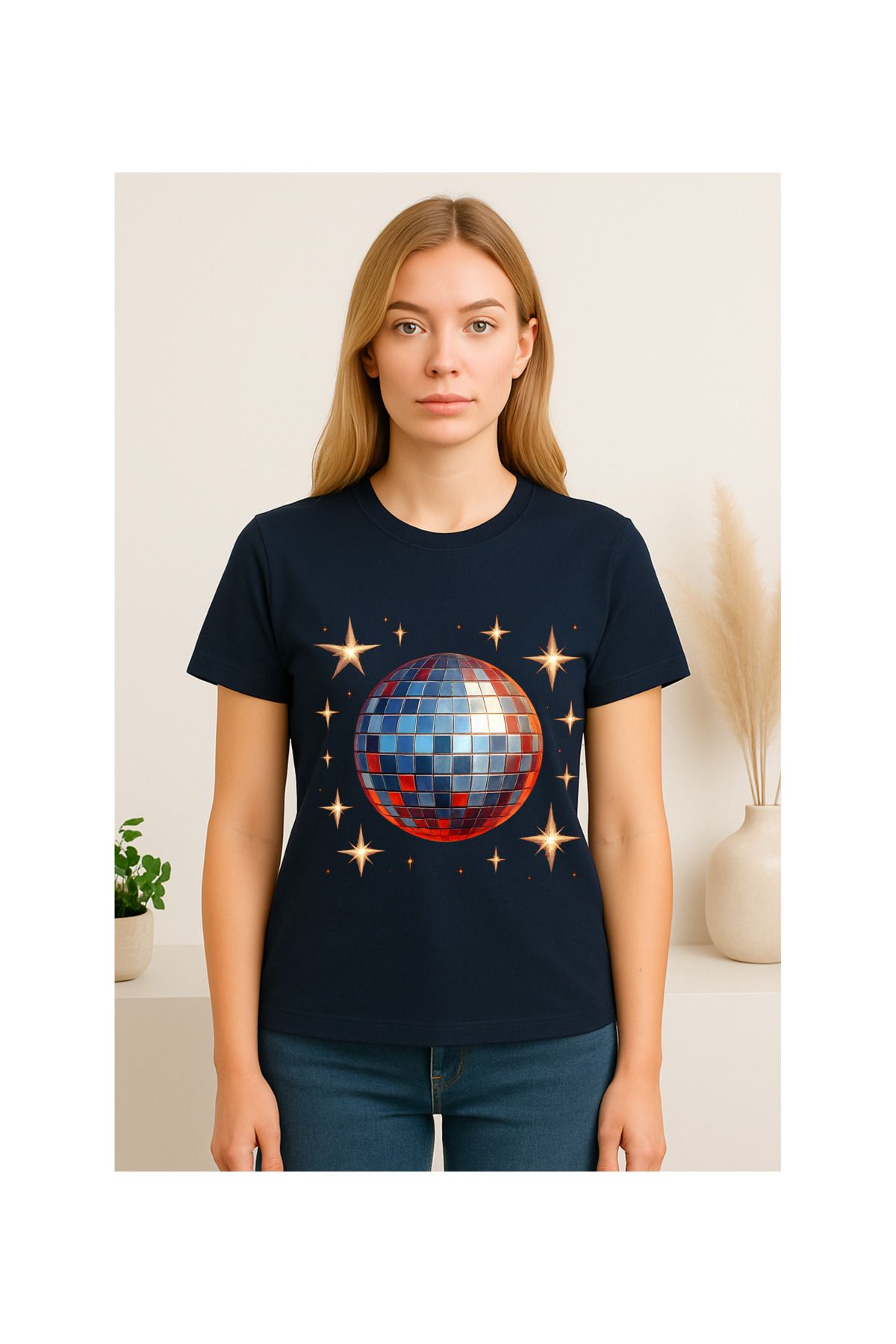 MODA Kısa Kollu, Regular Kalıp, Disco Topu (Disco Ball) Desenli, Kadın Tshirt