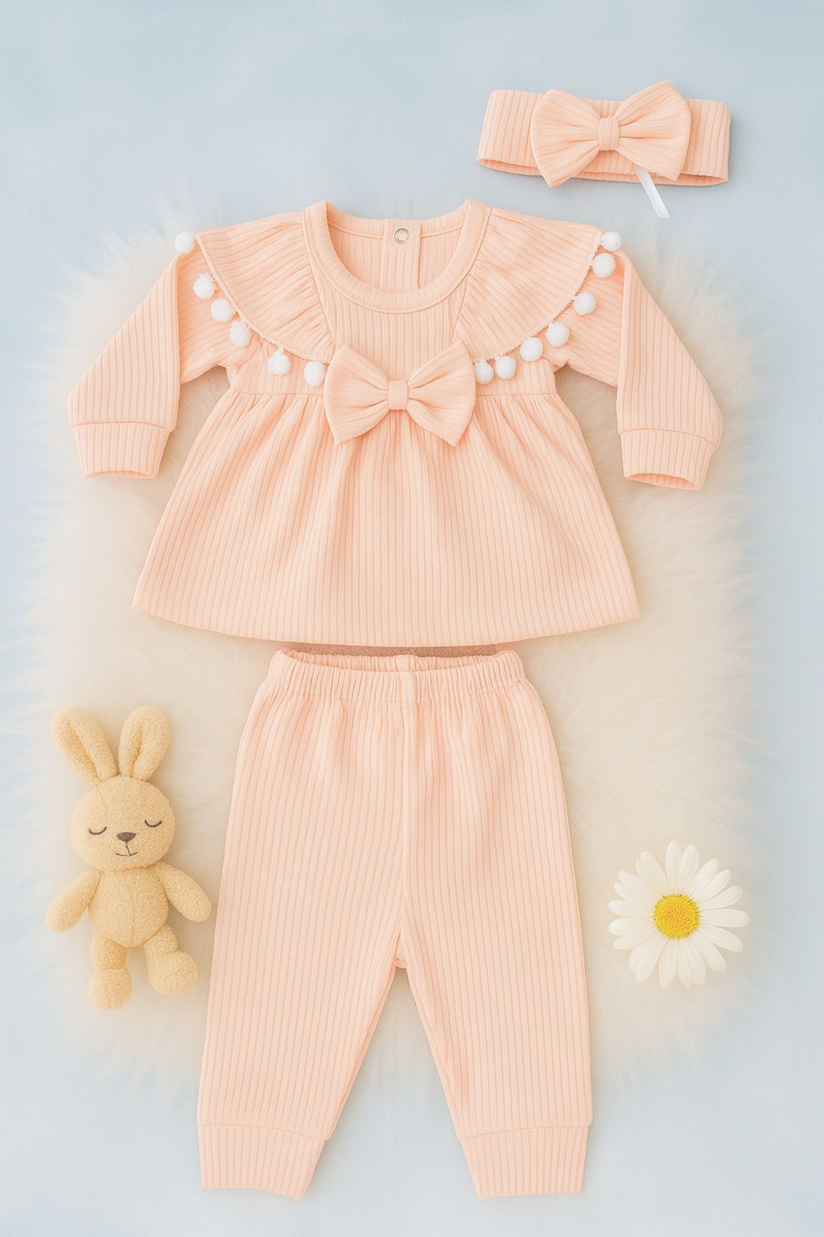 LITTLE&CO Yenidoğan Kız Bebek 0-18 Ay Bandanalı Fiyonk Detaylı Kız Bebek 3 Parça Takım