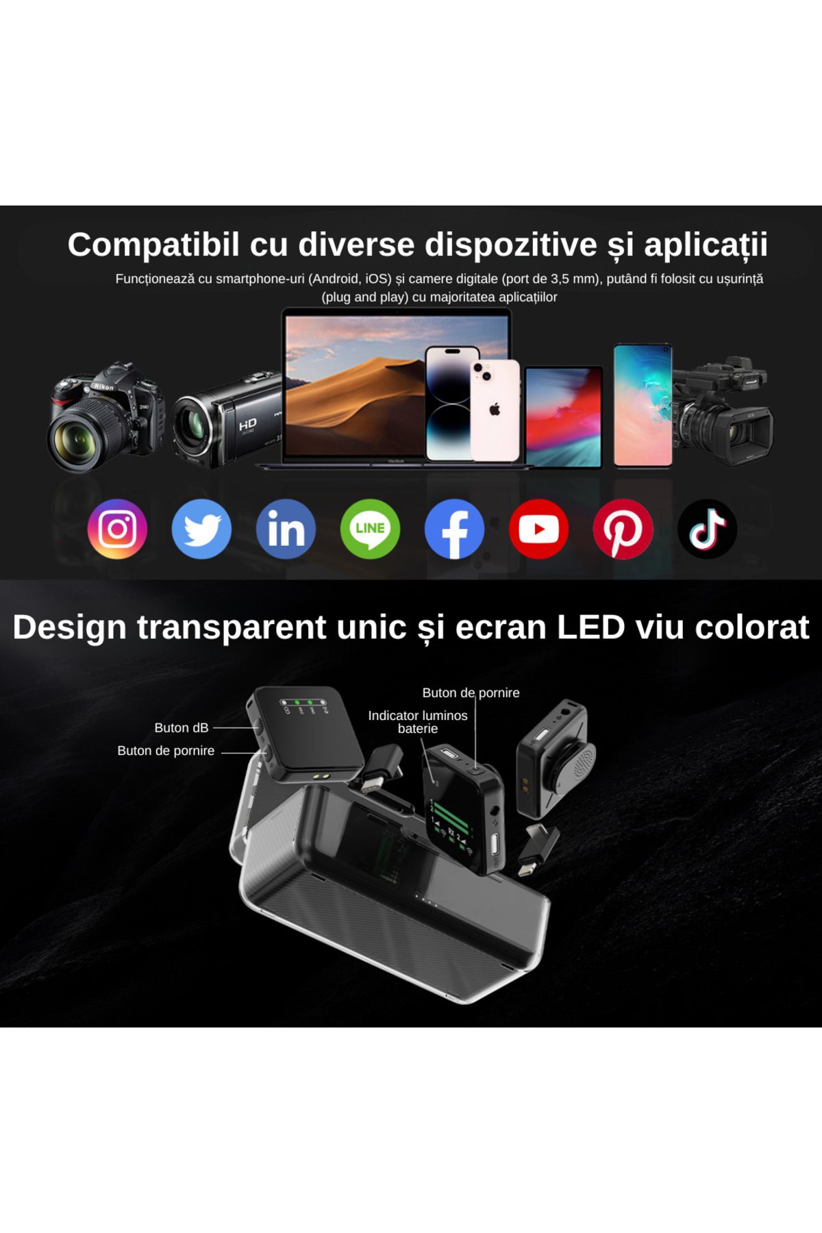 LUDORA-Lavaliera wireless, conectare wireless 2.4G, reducere zgomot, compatibil android/ios/camera video 11