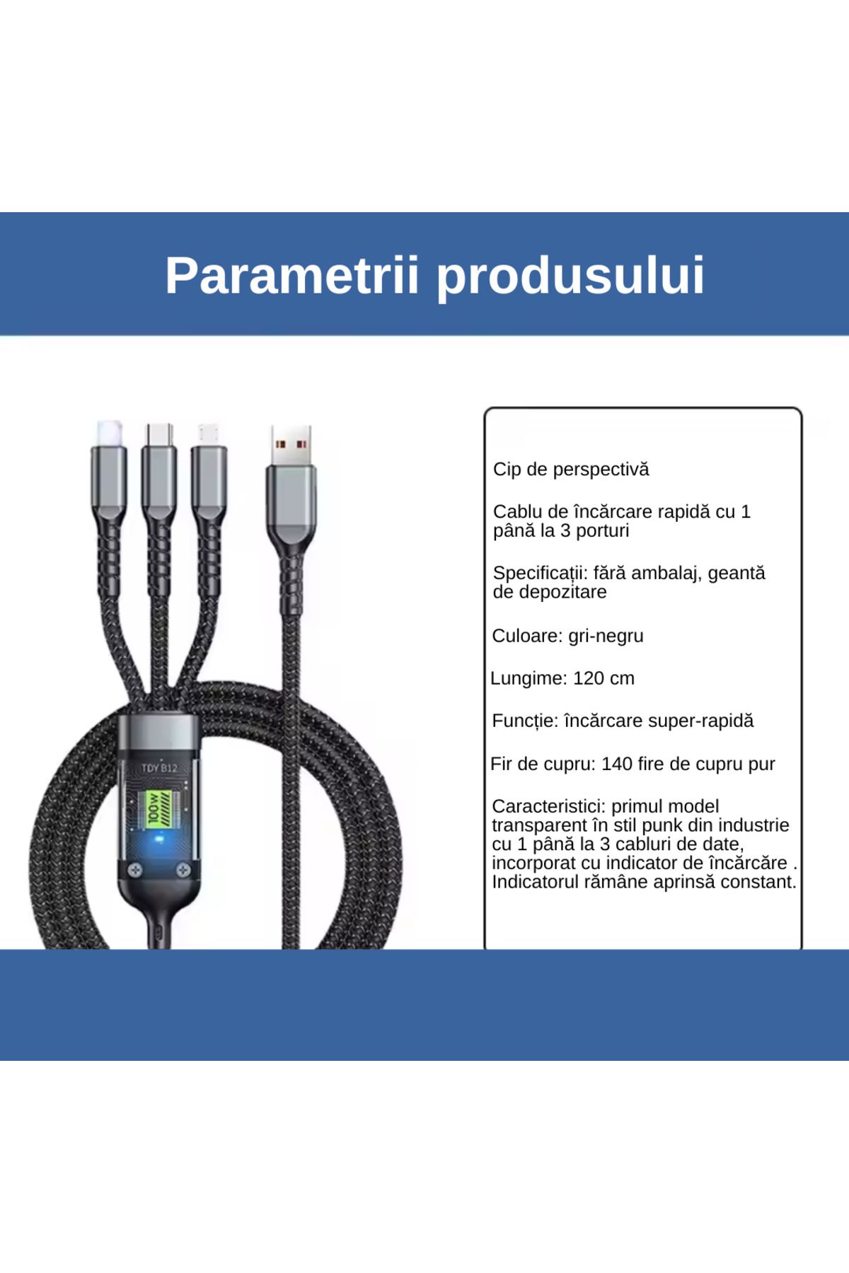 LUDORA-Cablu Super Fast Charging 100W, 6A USB, Type-C, Lighting iPhone, Macro-USB, 1.2 m 13