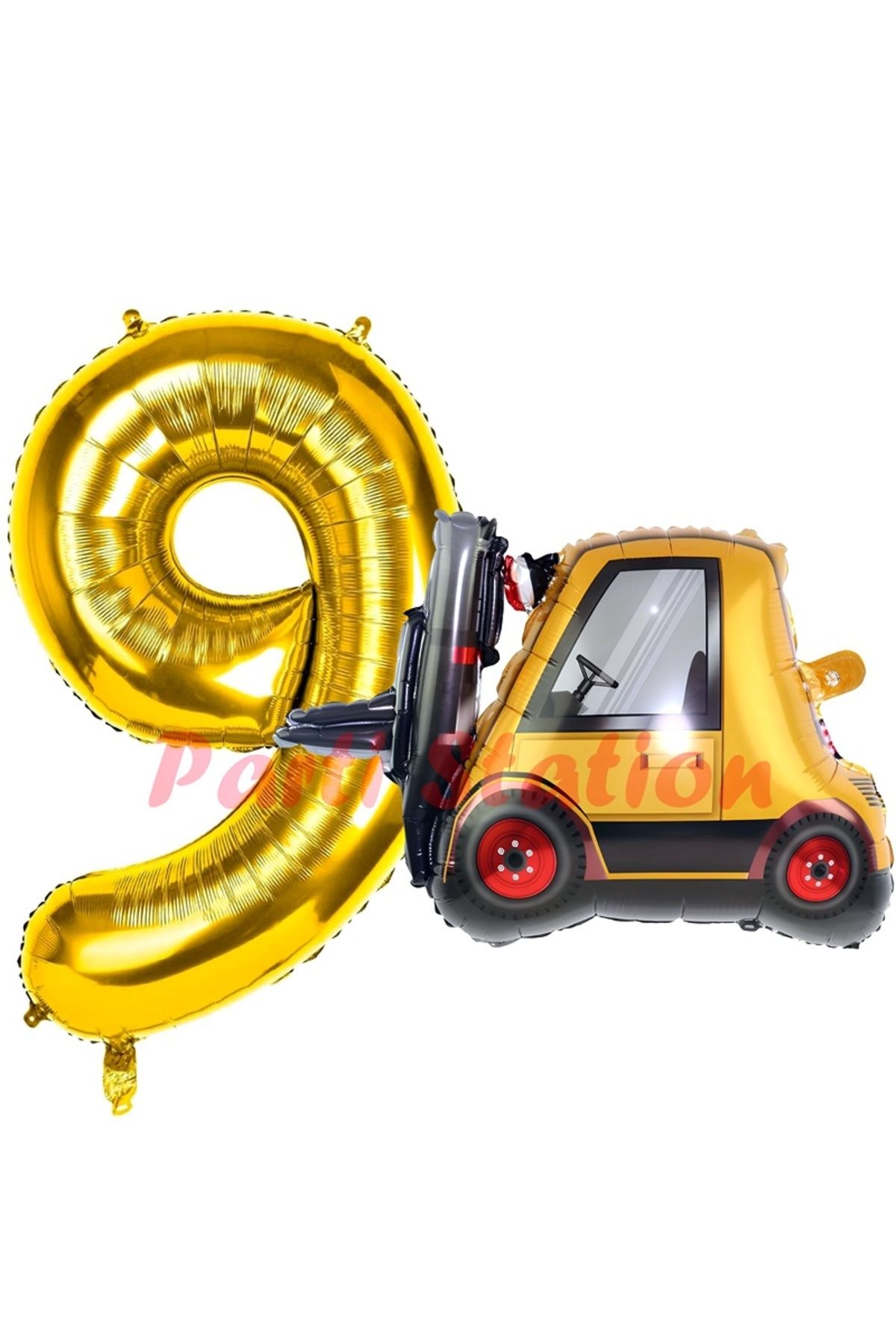 Partifest İnşaat Forklift Kamyonu Balon 9 Yaş Doğum Günü Balon Set İş Makinaları Konsept ve Gold Rakam Balon