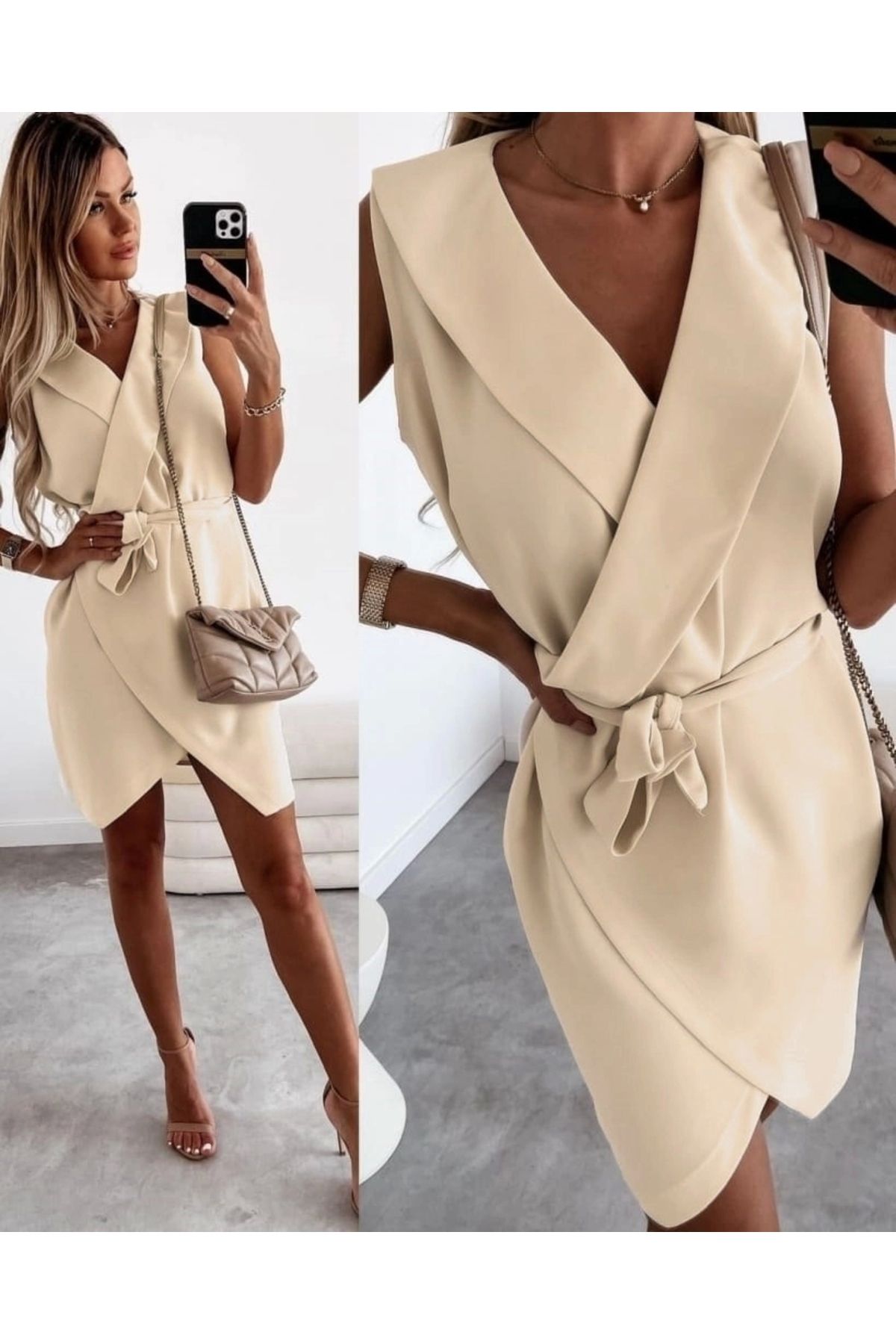 Butik Kruvaze Yaka Kuşaklı Krep Kumaş Elbise