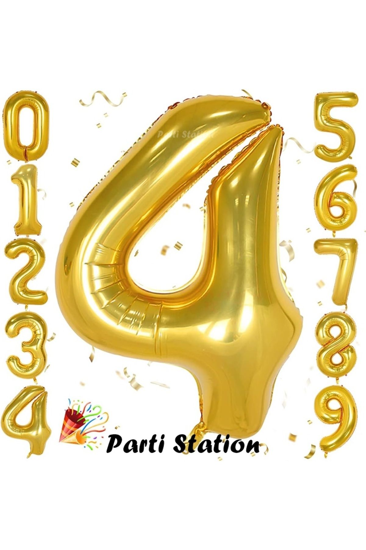 Partifest Altın Gold Renk Rakam Folyo Balon 4 Büyük Boy 76 cm Helyum Uçan Folyo Balon 34" İnç 1 Adet