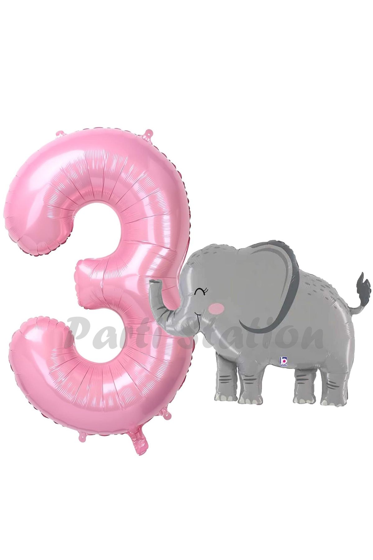 Partifest Sevimli Fil Balon 3 Yaş Doğum Günü Balon Set Safari Konsept Fil Balon ve Pembe Renk Rakam Balon