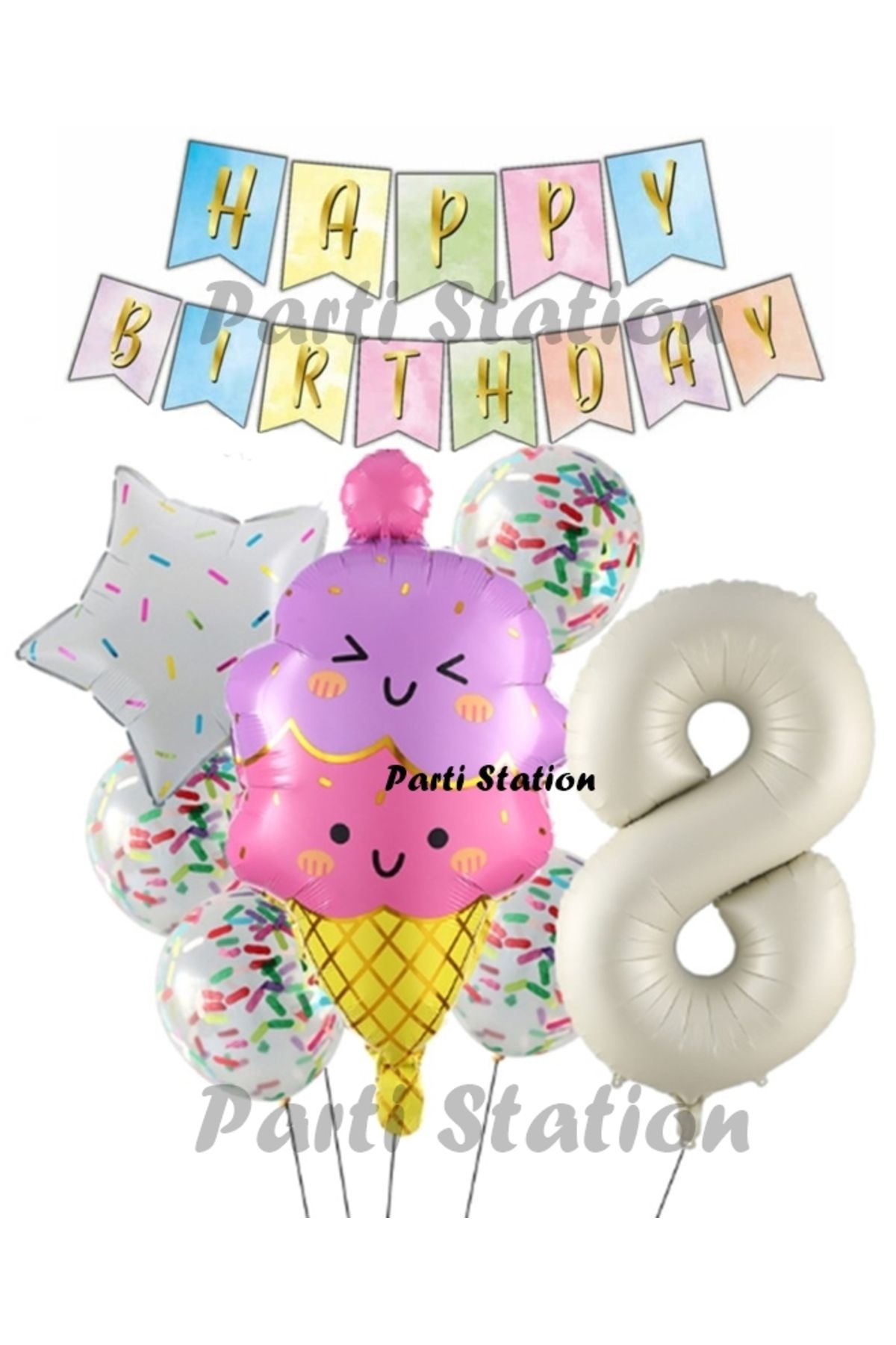 Partifest İce Cream Dondurma Konsept Doğum Günü 8 Yaş Balon Set Yaz Tema Sevimli Dondurma Folyo Balon Set