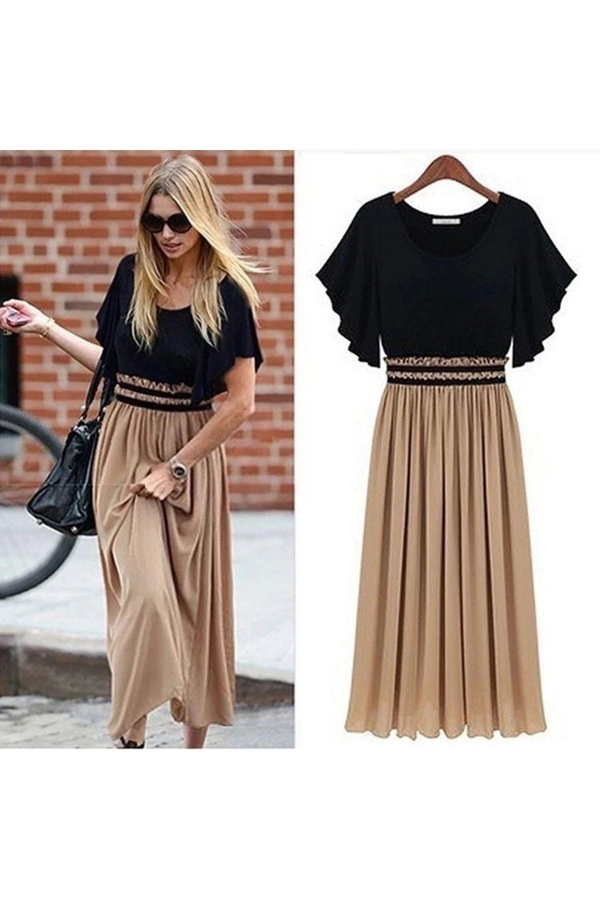 Butik Kadın Kısa Kollu üst Viskon Alt Astarlı şifon Beli Lastikli Elbise