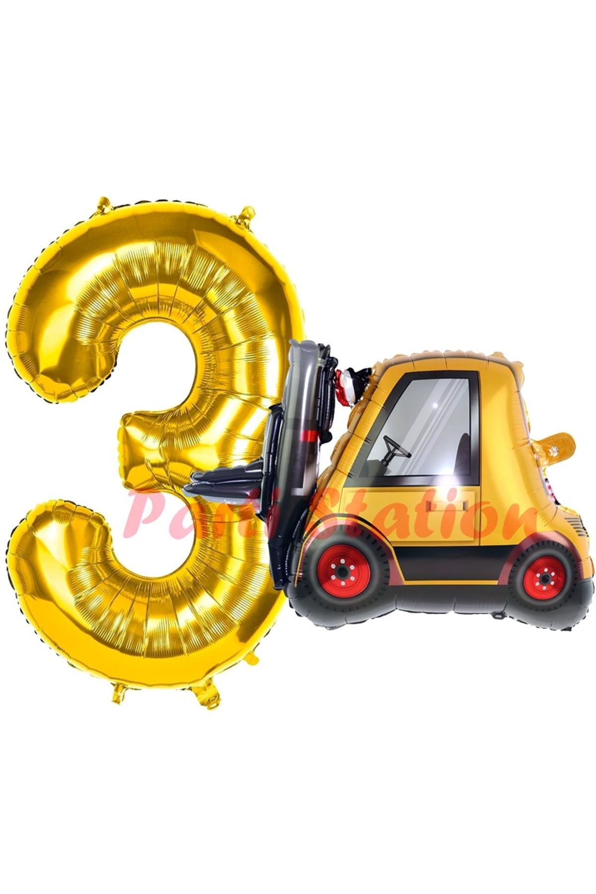 Partifest İnşaat Forklift Kamyonu Balon 3 Yaş Doğum Günü Balon Set İş Makinaları Konsept ve Gold Rakam Balon