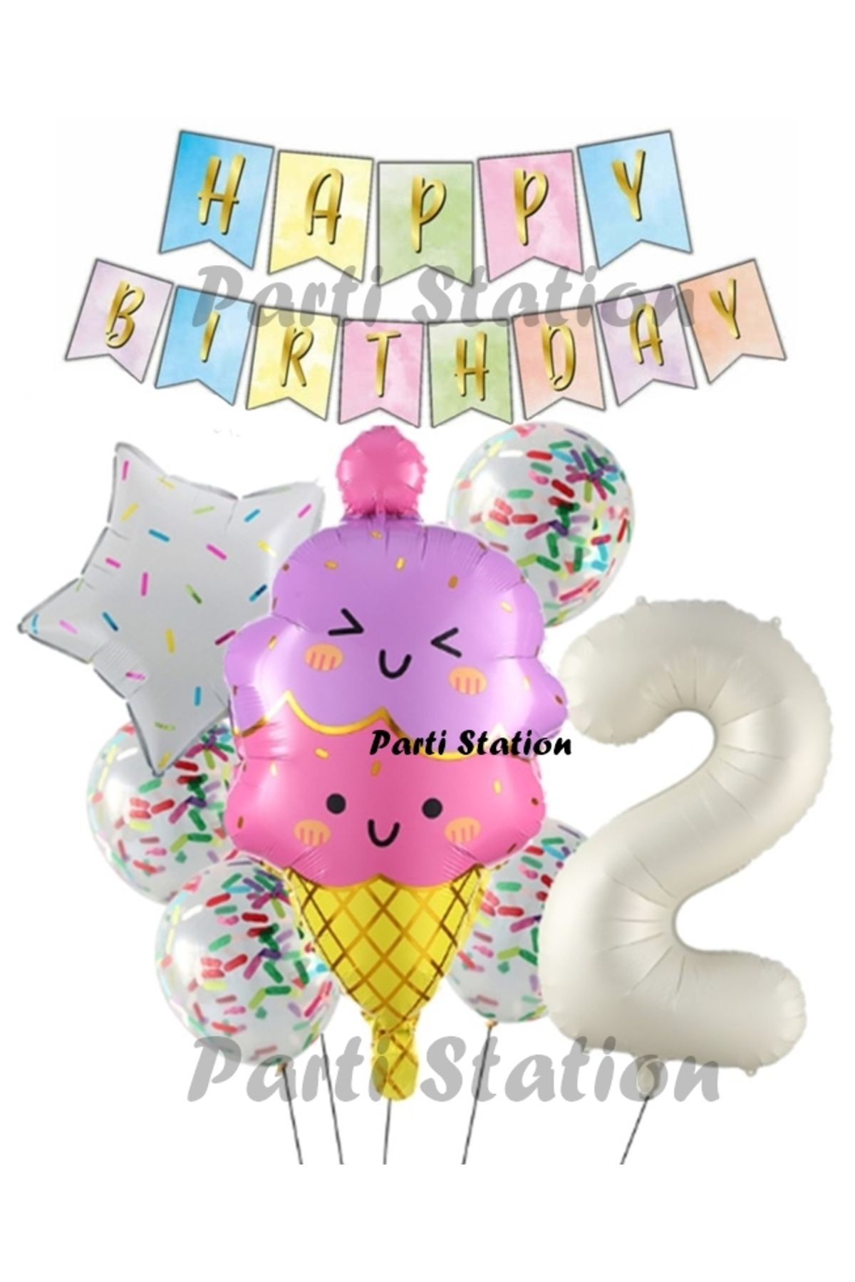 Partifest İce Cream Dondurma Konsept Doğum Günü 2 Yaş Balon Set Yaz Tema Sevimli Dondurma Folyo Balon Set