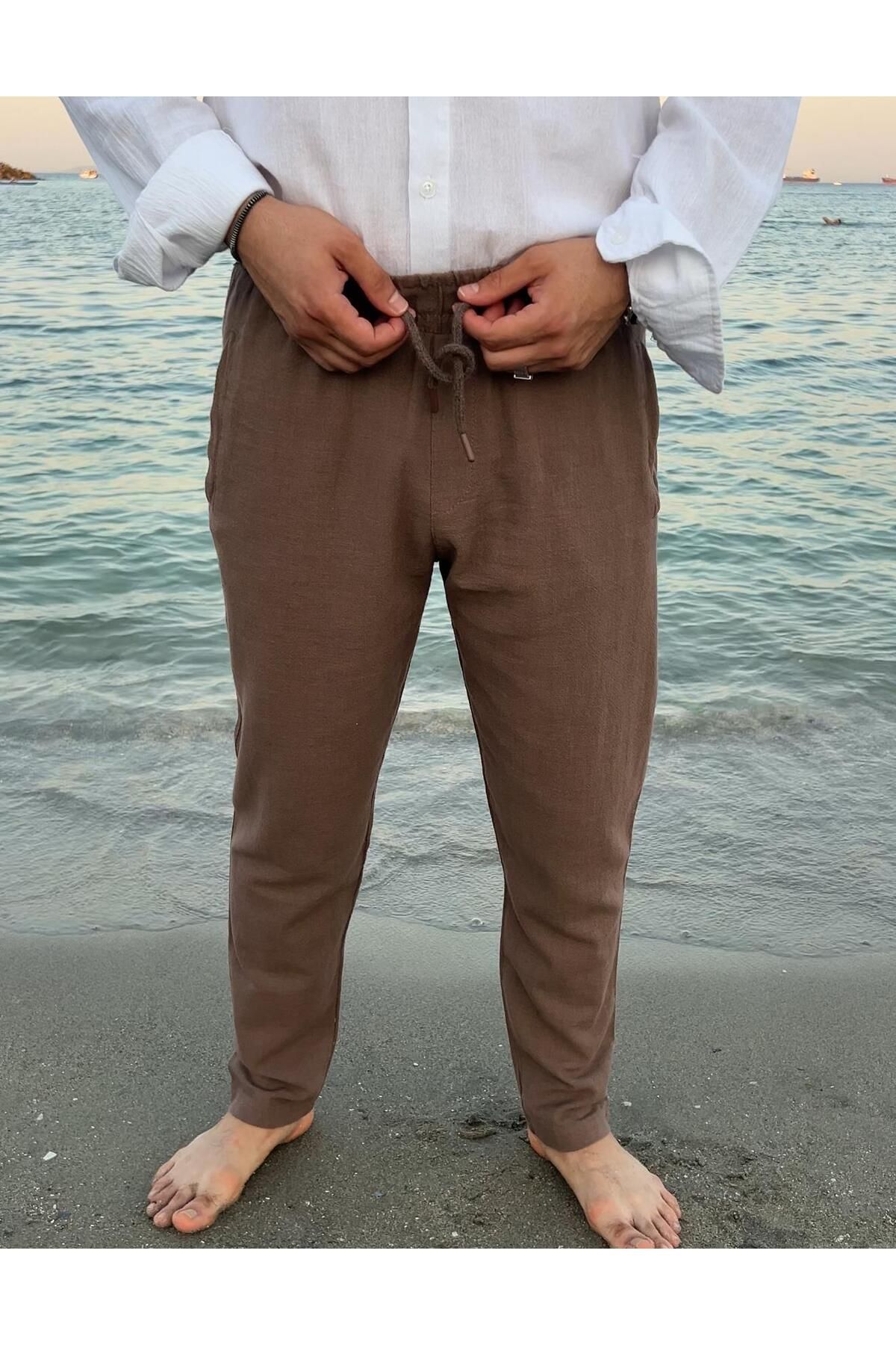 Yubacollection Negro Yazlık Keten Pantolon Kahve