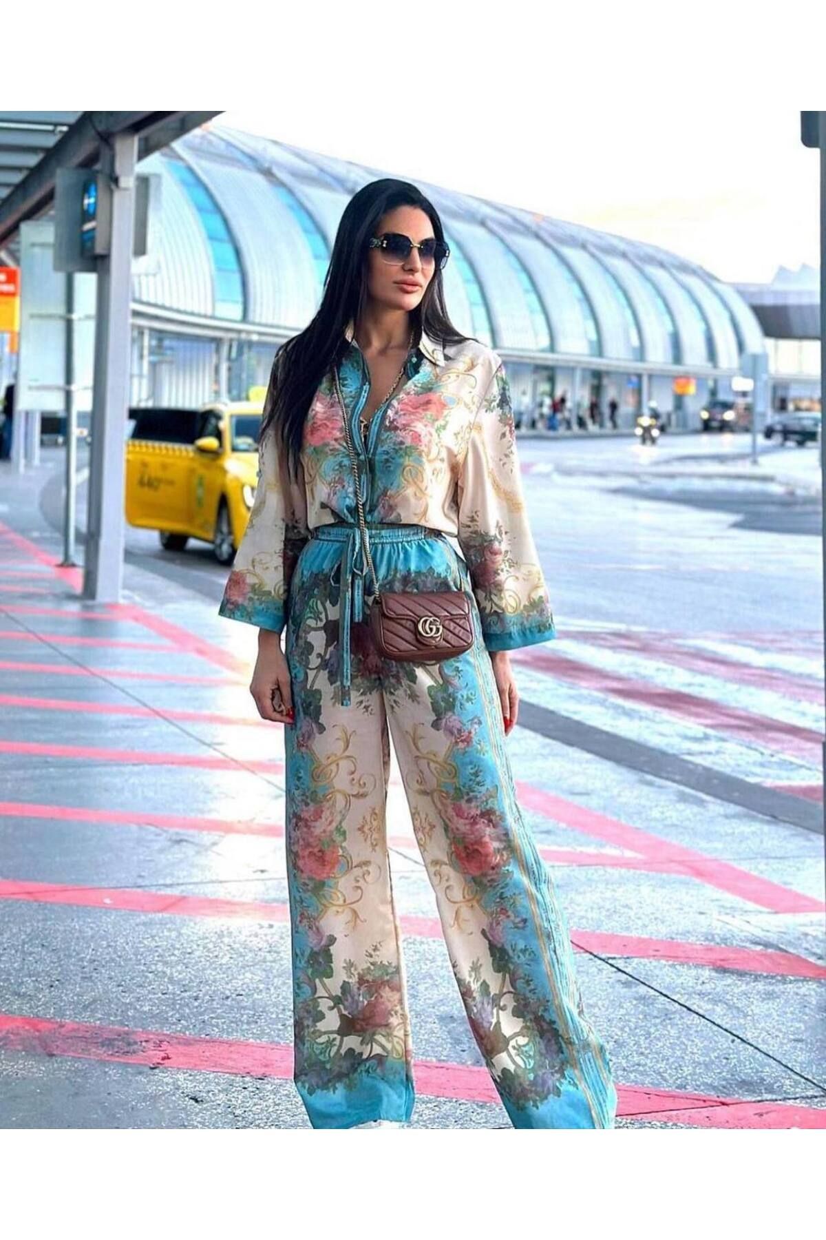 WellWay Keten Kumaş Gömlek & Pantolon Çiçekli 2li Takım-Mavi -2504