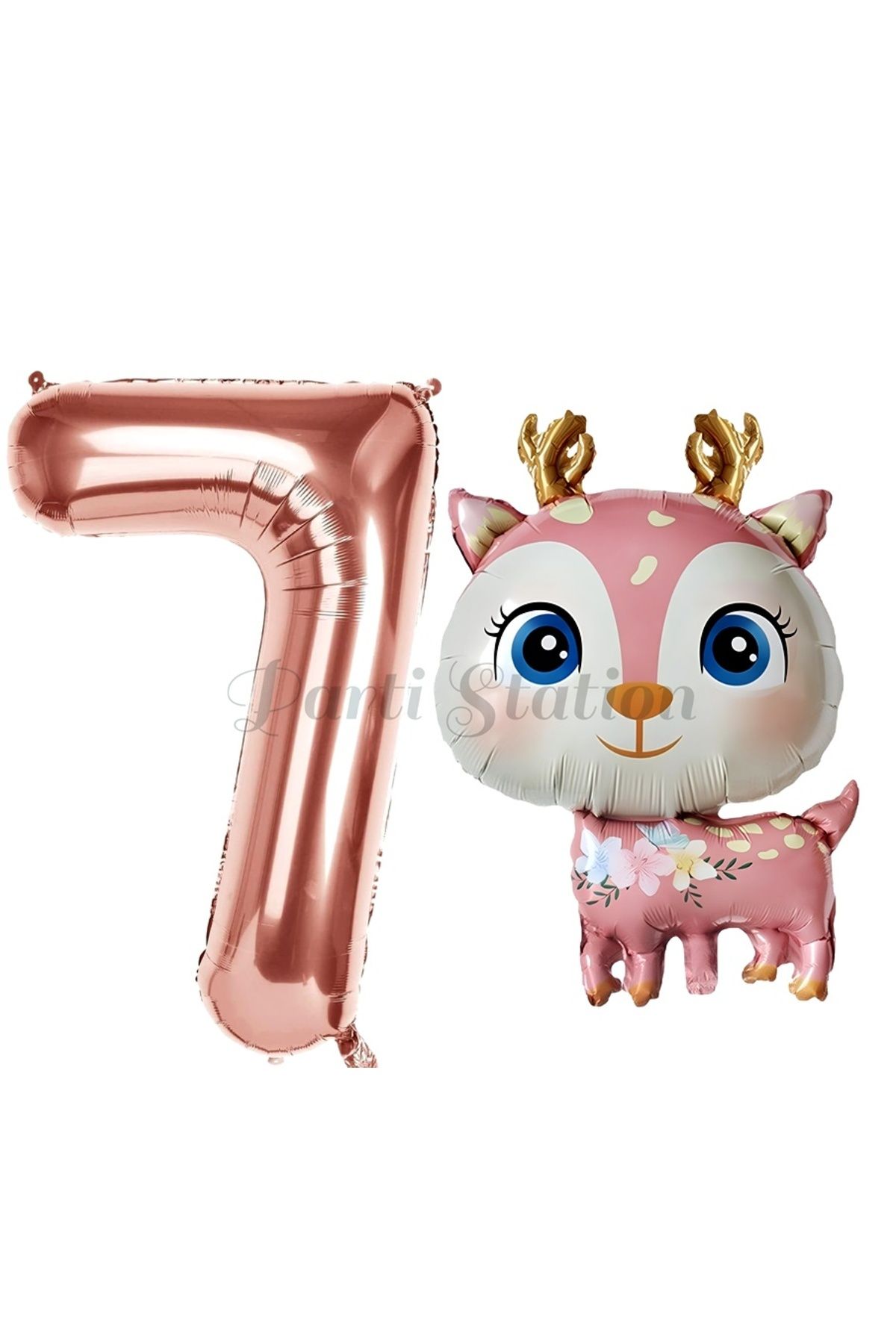 Partifest Sevimli Geyik 7 Yaş Balon Set Ceylan Balon Woodland Konsept Geyik Balon ve Rosegold Renk Rakam Balon