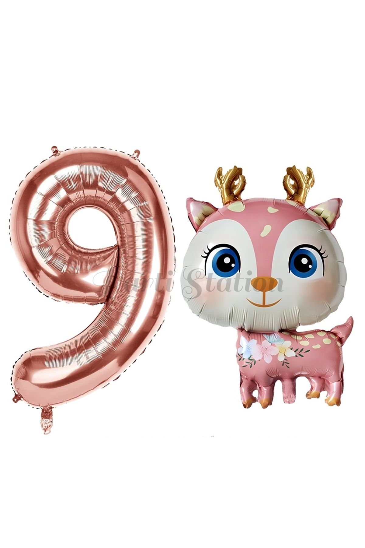 Partifest Sevimli Geyik 9 Yaş Balon Set Ceylan Balon Woodland Konsept Geyik Balon ve Rosegold Renk Rakam Balon