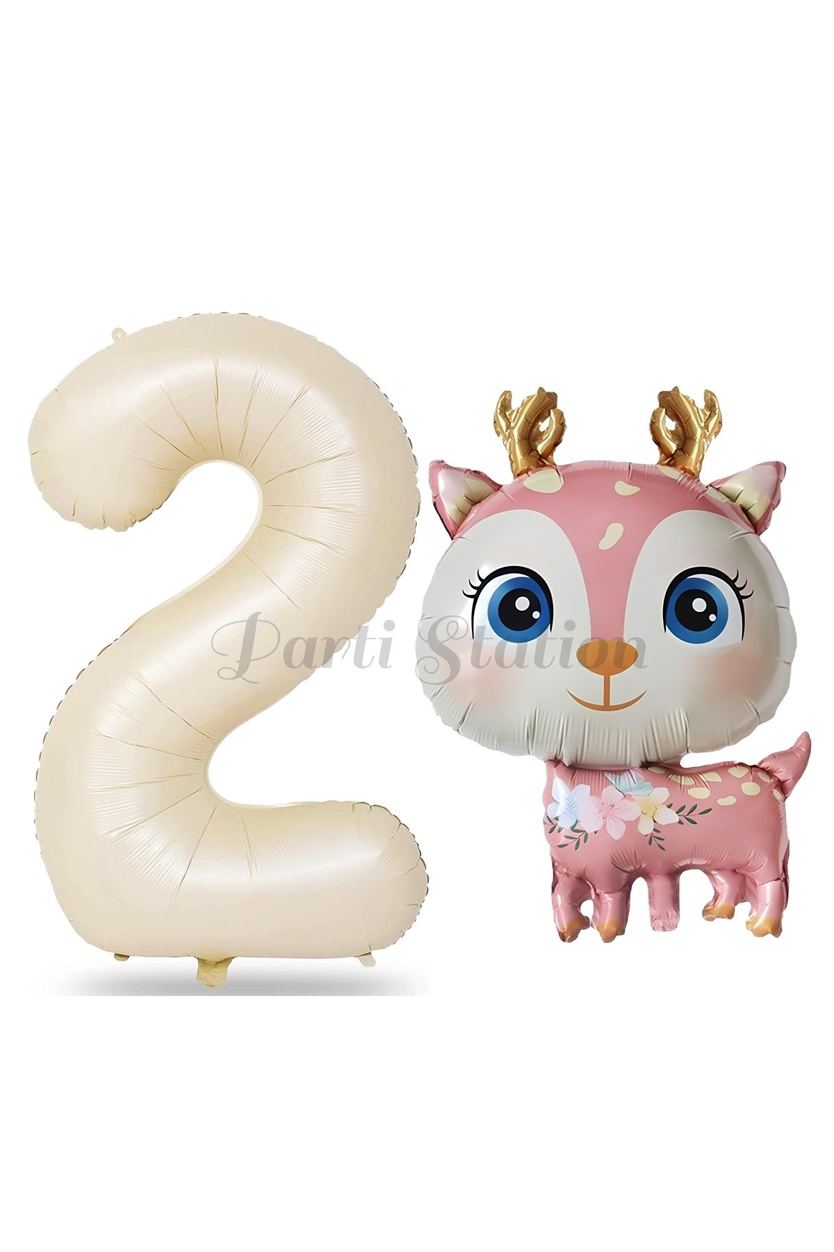 Partifest Sevimli Geyik 2 Yaş Balon Set Ceylan Balon Woodland Konsept Geyik Balon ve Krem Renk Rakam Balon
