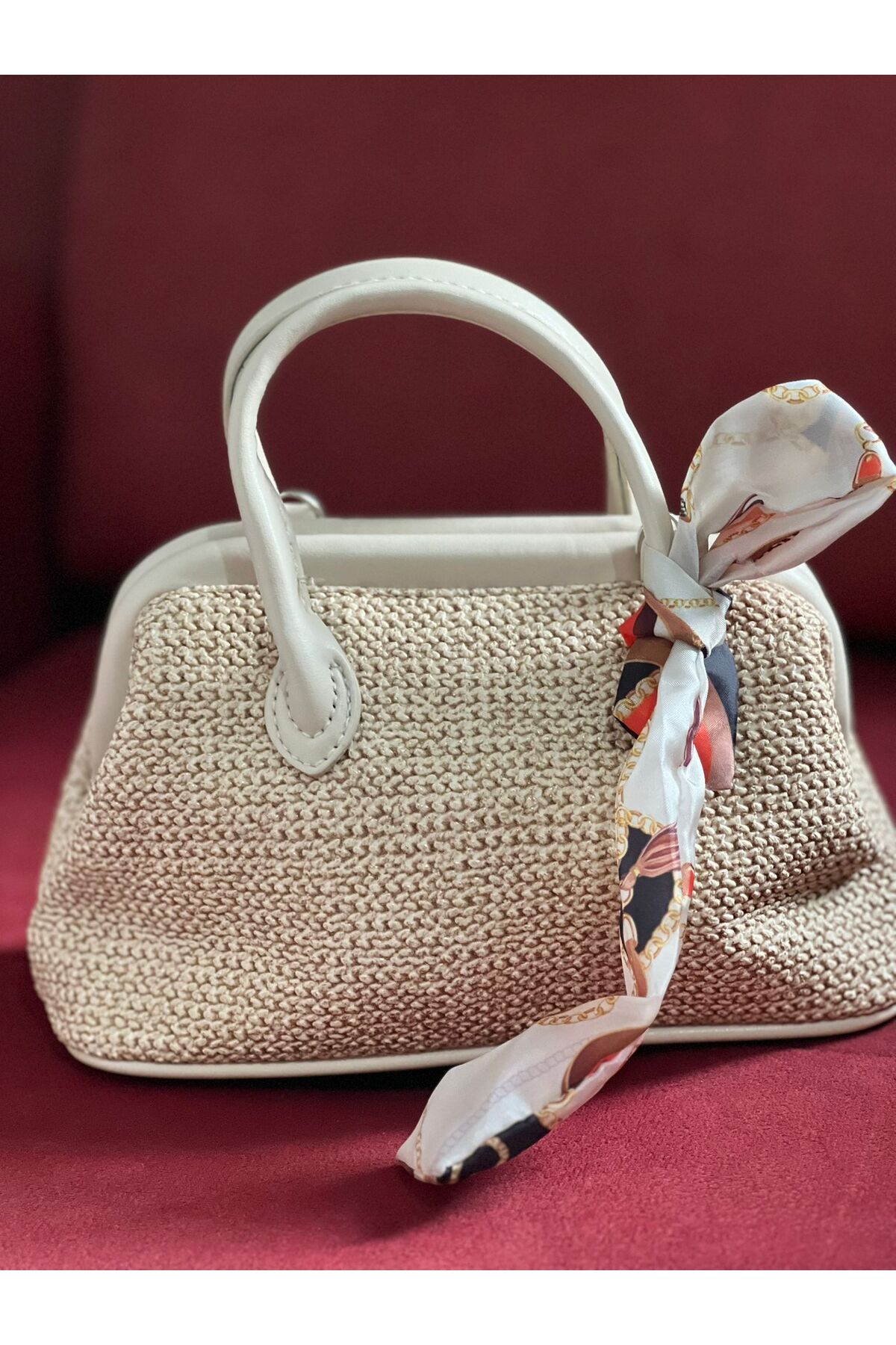 ST Bags Kadın Yeni Sezon Hasır Desen Fular Detaylı El Ve Omuz Çantası