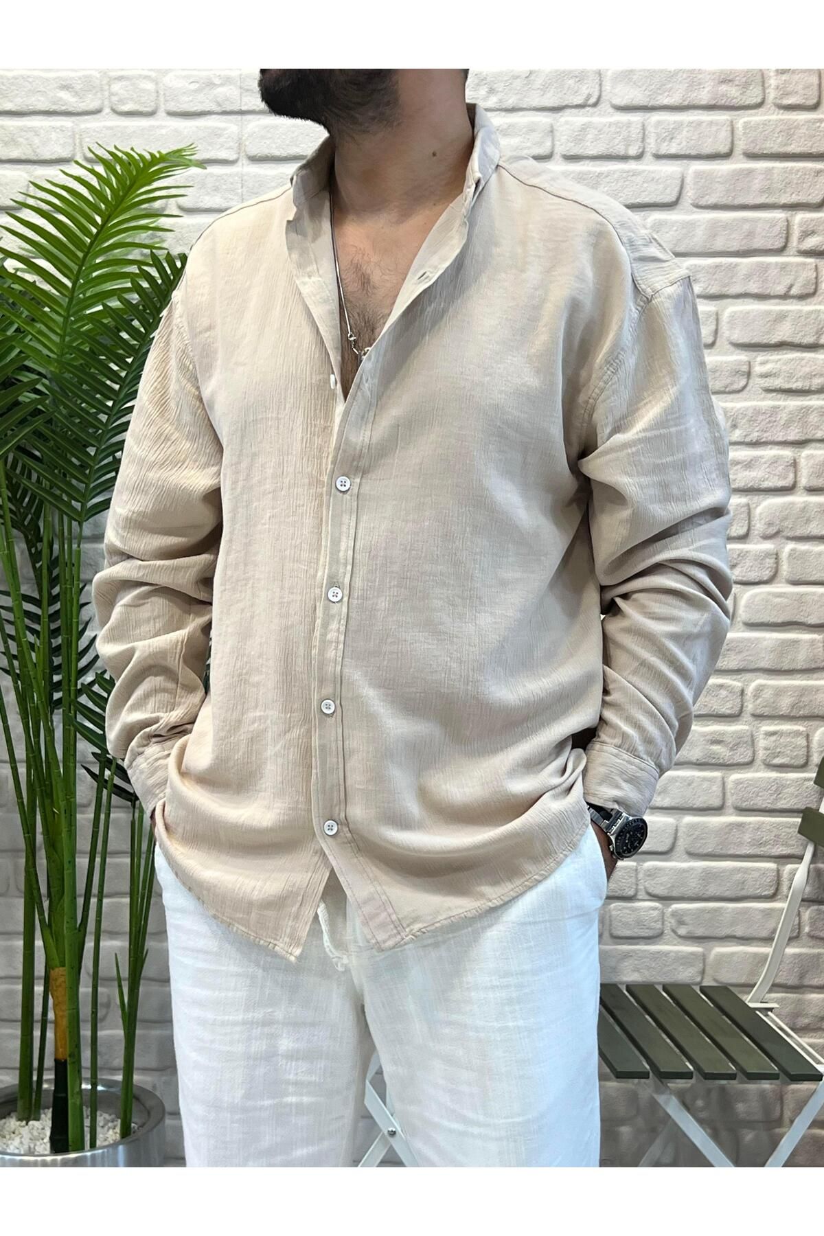 Yubacollection Oversize Kırinkıl Gömlek Bej