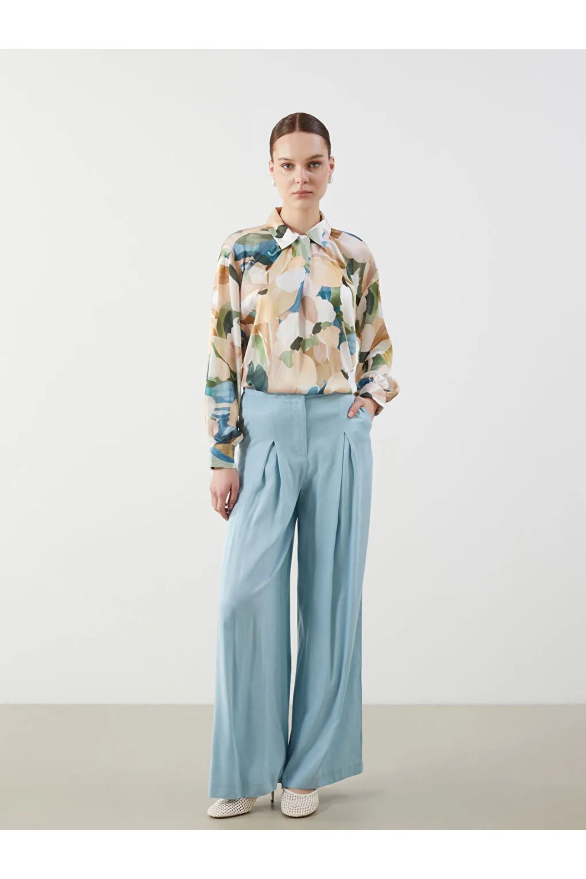 LC Waikiki LCW Modest Mavi Loose Fit Geniş Paça Kadın Pileli Pantolon
