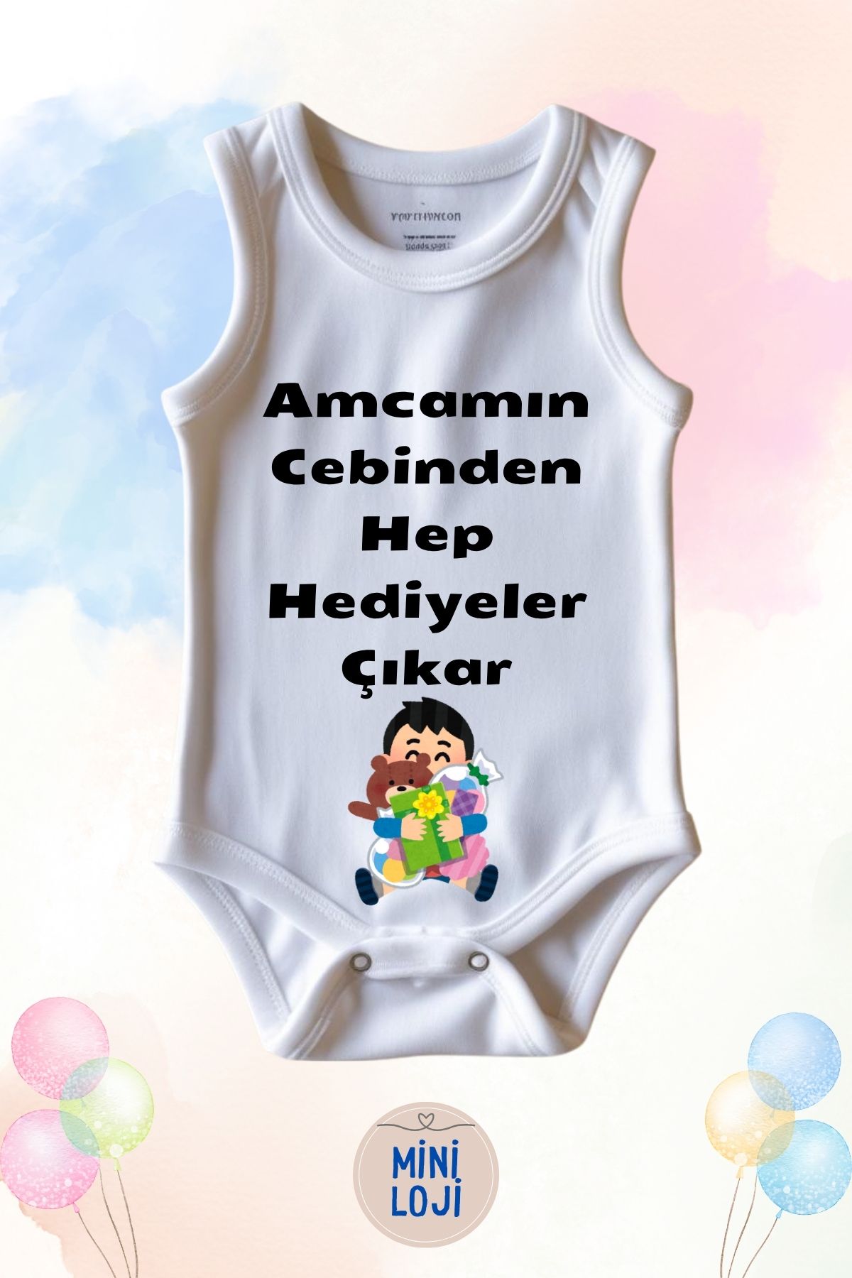 miniloji Amcamın Cebinden Hep Hediyeler Çıkar Yazılı Özel Tasarım Bebek Zıbın Body – %100 Pamuklu, Unisex