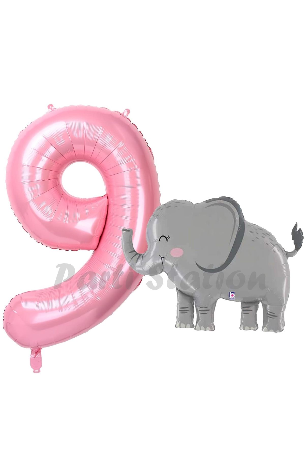 Partifest Sevimli Fil Balon 9 Yaş Doğum Günü Balon Set Safari Konsept Fil Balon ve Pembe Renk Rakam Balon