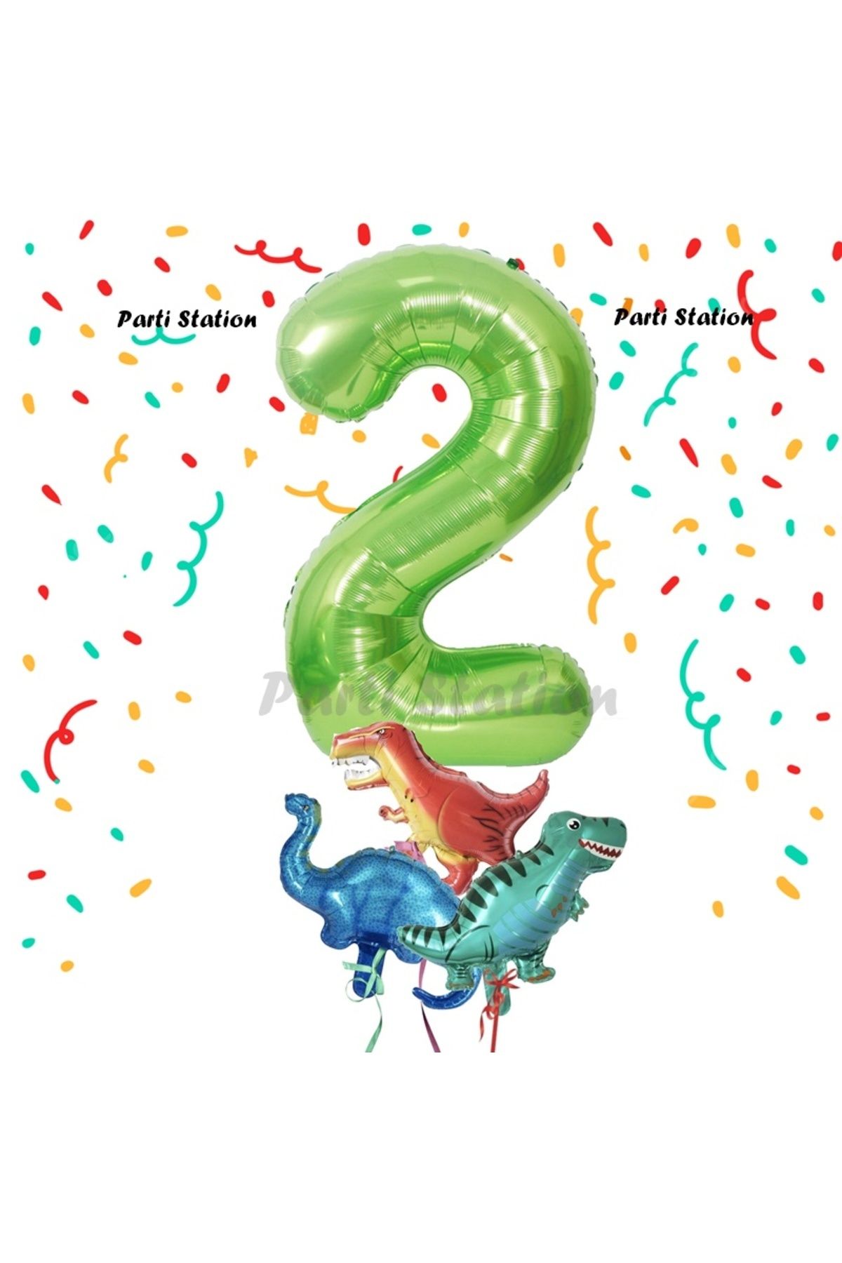 Partifest Yeşil Renk Rakam Balonlu Küçük Boy Dinozor Balonlu 2 Yaş Dinozor Konsept Doğum Günü Parti Balon Set