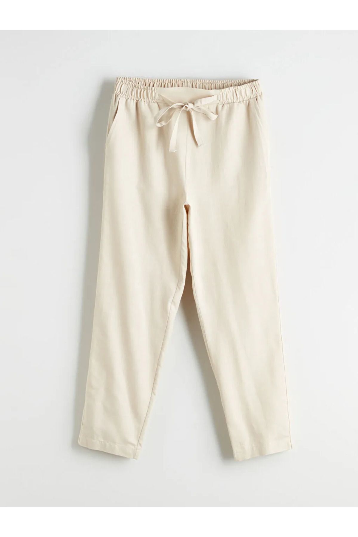 LC Waikiki LCWAIKIKI Classic Bej Beli Lastikli Keten Karışımlı Kadın Pantolon