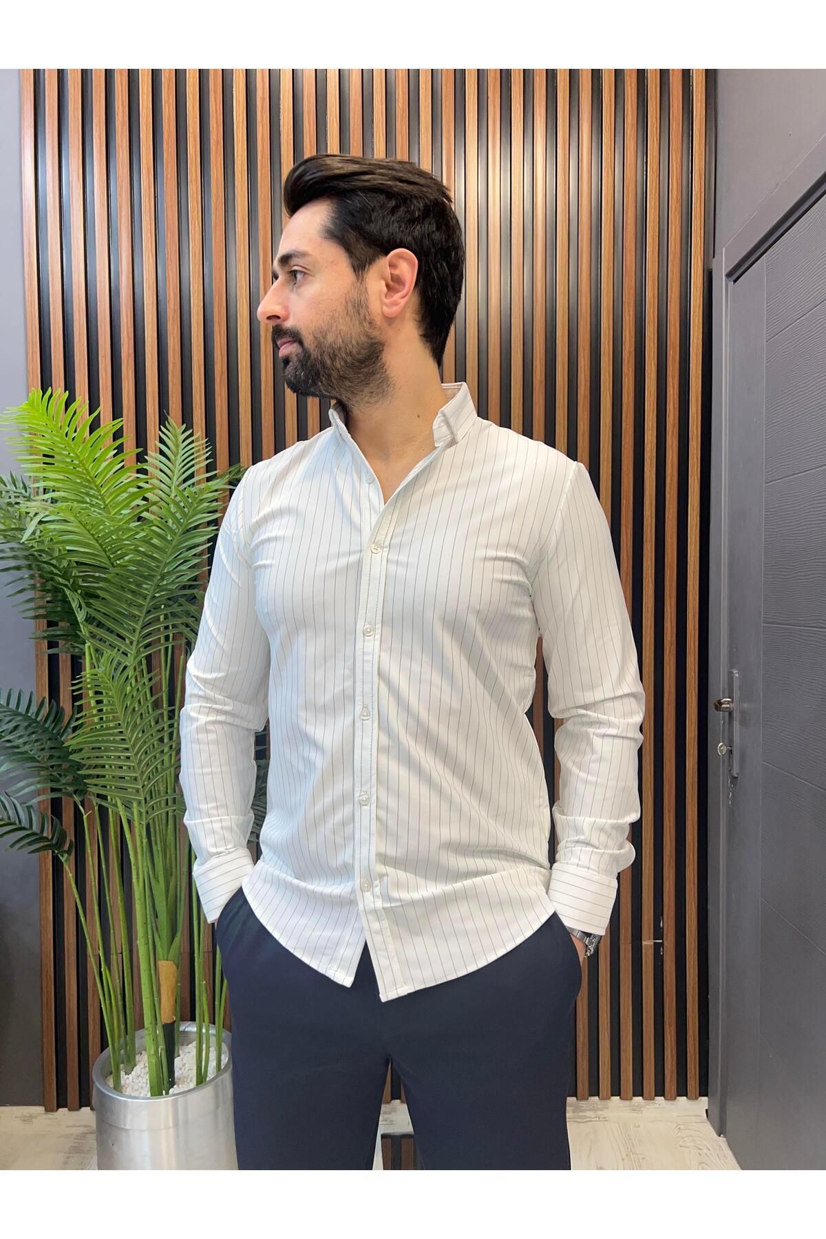 Yubacollection Iron Çizgili Gömlek Beyaz