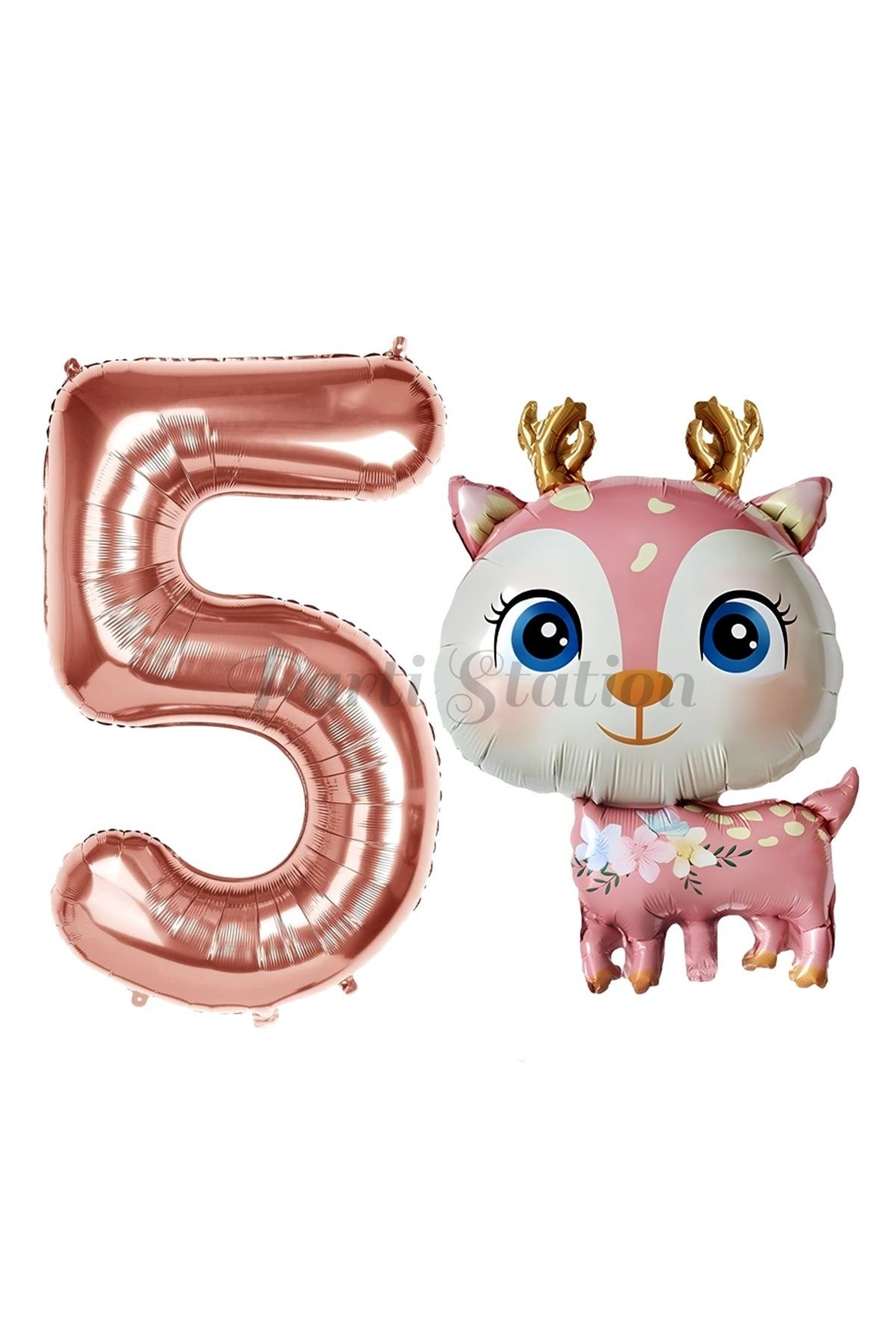 Partifest Sevimli Geyik 5 Yaş Balon Set Ceylan Balon Woodland Konsept Geyik Balon ve Rosegold Renk Rakam Balon