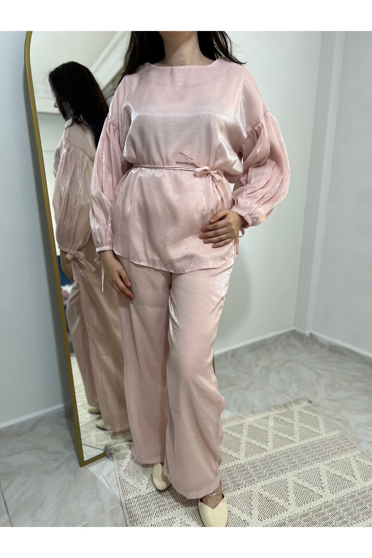 Butik Işıltılı organze kumaş şal yaka takım - pudra