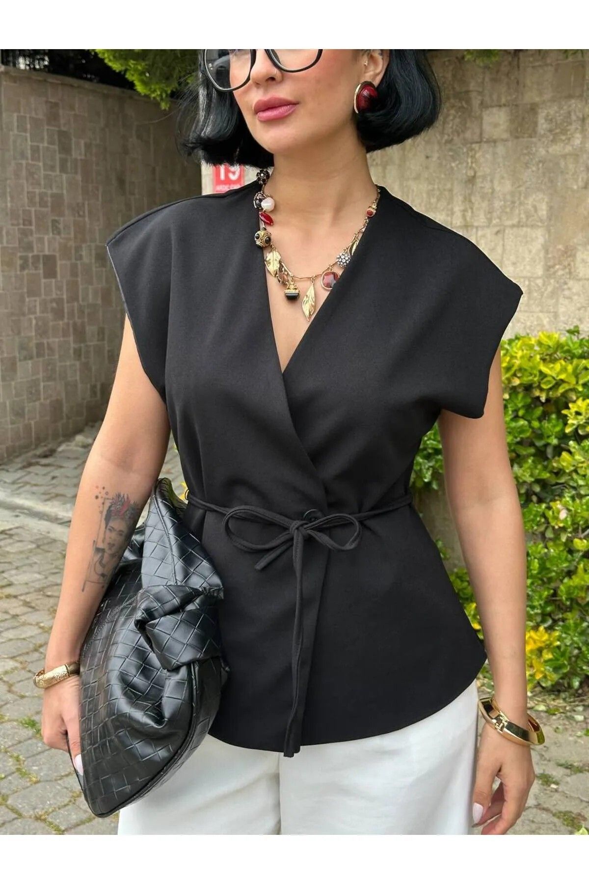 fatma keskin linna butik Kadın Scuba Krep Kumaş Belden Bağlamalı Yelek