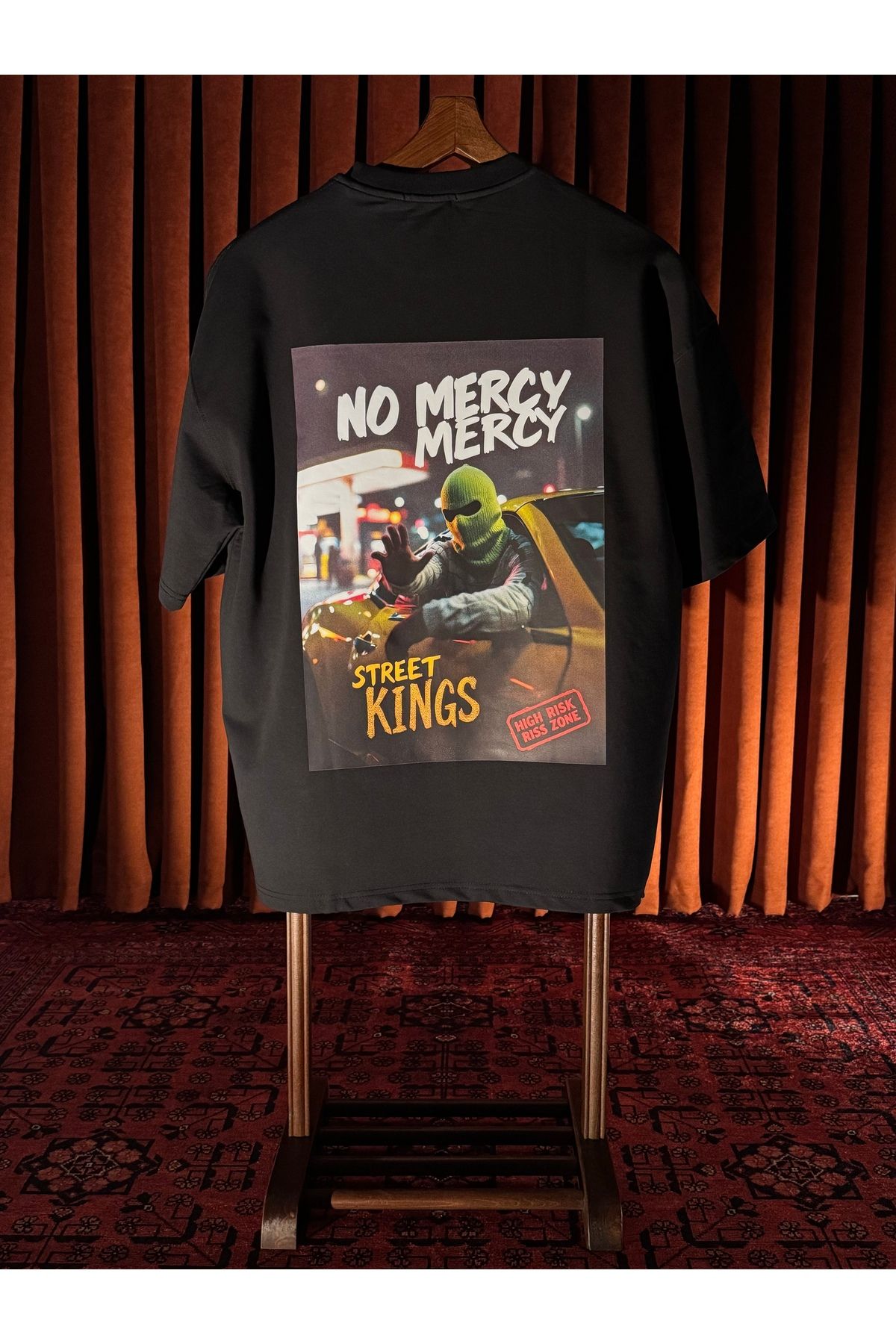 KOUROSHIA Unisex No Mercy Mercy Bisiklet Yaka Oversize T-Shirt