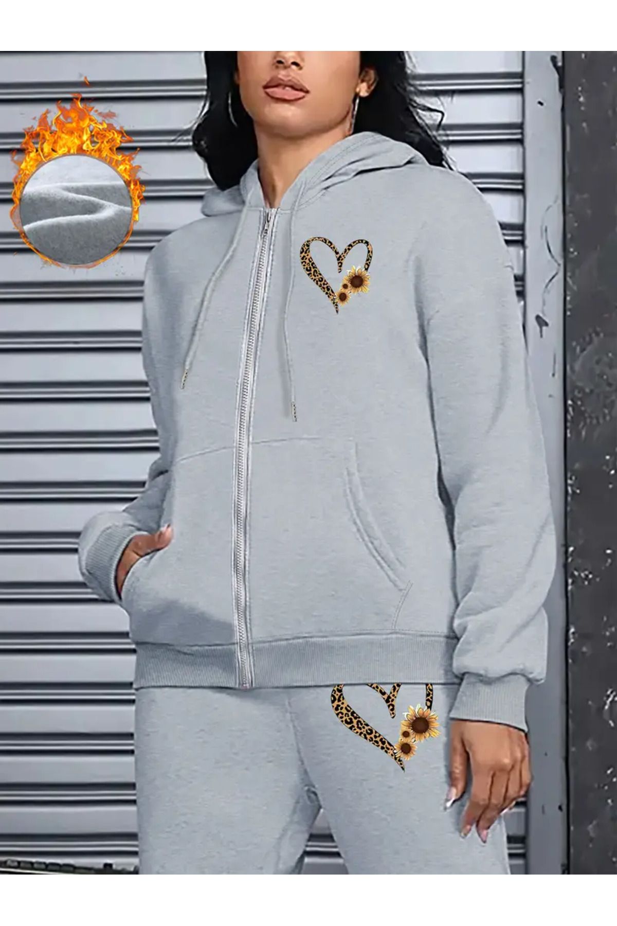 HOFFNUNG Full-Zip FULL HOODIE Kadın Kapüşonlu COLORED HEART Oversize Lastik Paça Eşofman Takımı