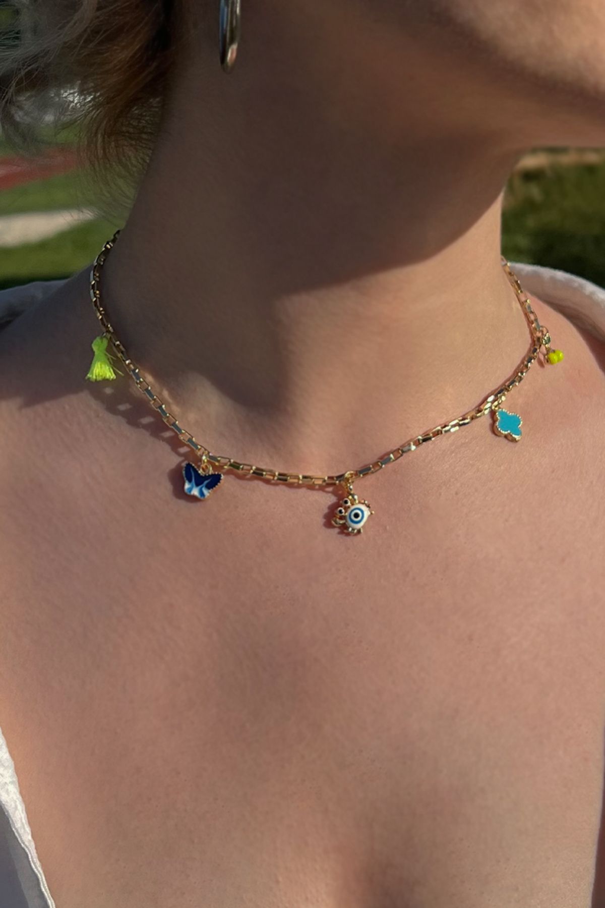 MİLSO Charm Detaylı Renkli Süslemeli Yengeç Detay Gold Kaplama Çelik Kolye