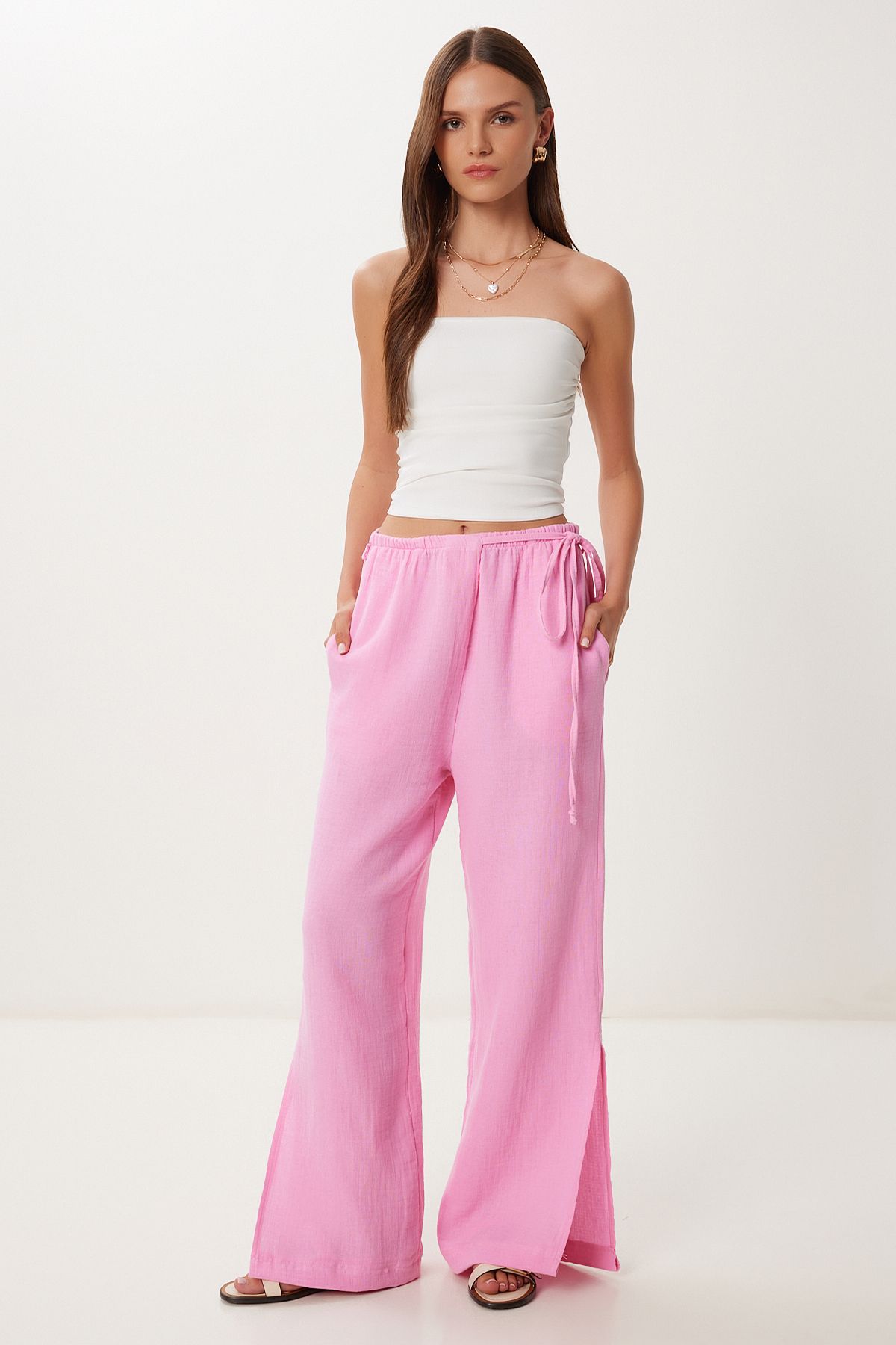 Lovelyİstanbul Bağlama Detaylı Yırtmaçlı Müslin Pantolon PEMBE LBV0066