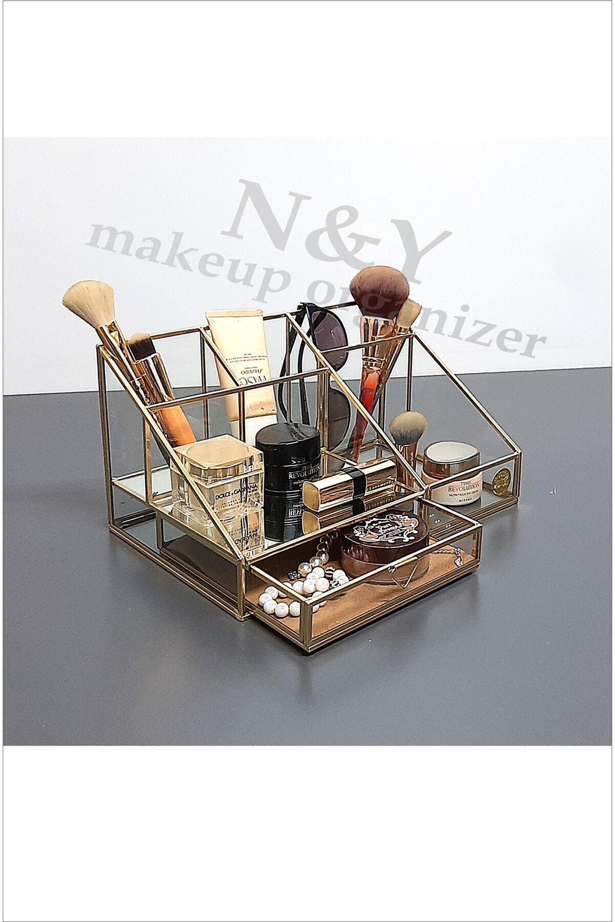 N&Y makeup organizer Brass Glass küçük çekmeceli kkk317 makyaj organizer (28 cm..) SOFT GOLD