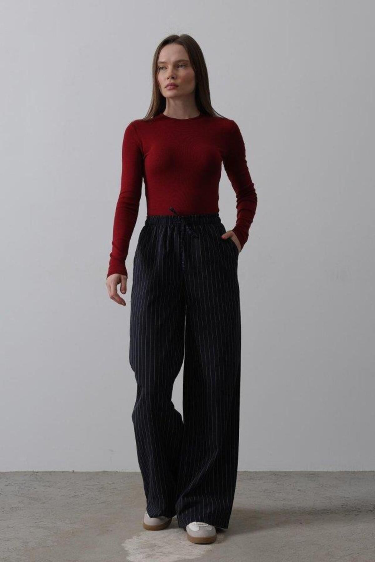 modamtn Beli Lastikli Bol Paça Pantolon - Lacivert-Beyaz