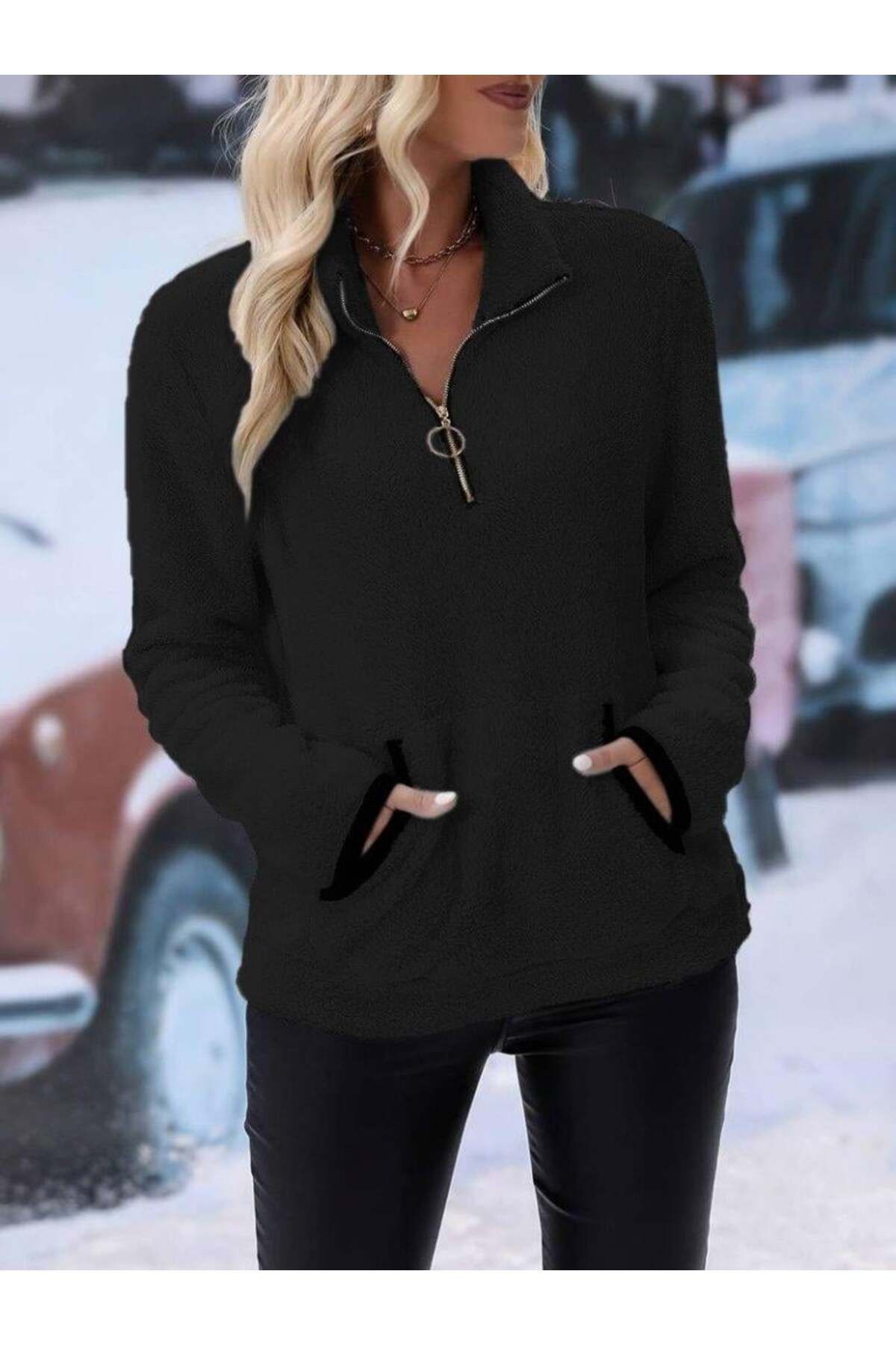 modamtn Kadın Uzun Kollu önden Fermuarlı Cepli Peluş Sweat