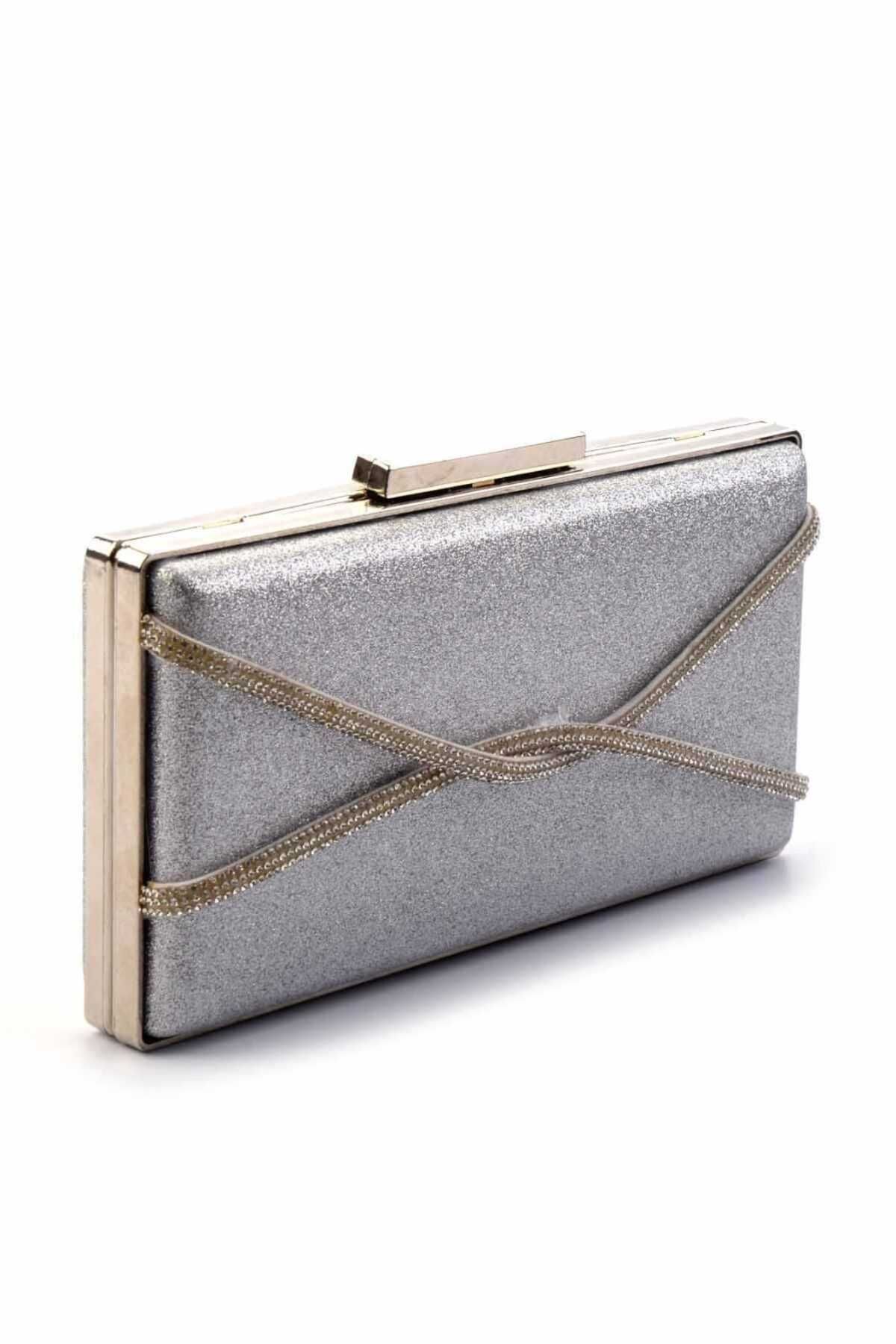 Efe SİMLİ ÇAPRAZ TAŞLI ZENCİR ASKILI ABİYE ÇANTA 22x11 CM