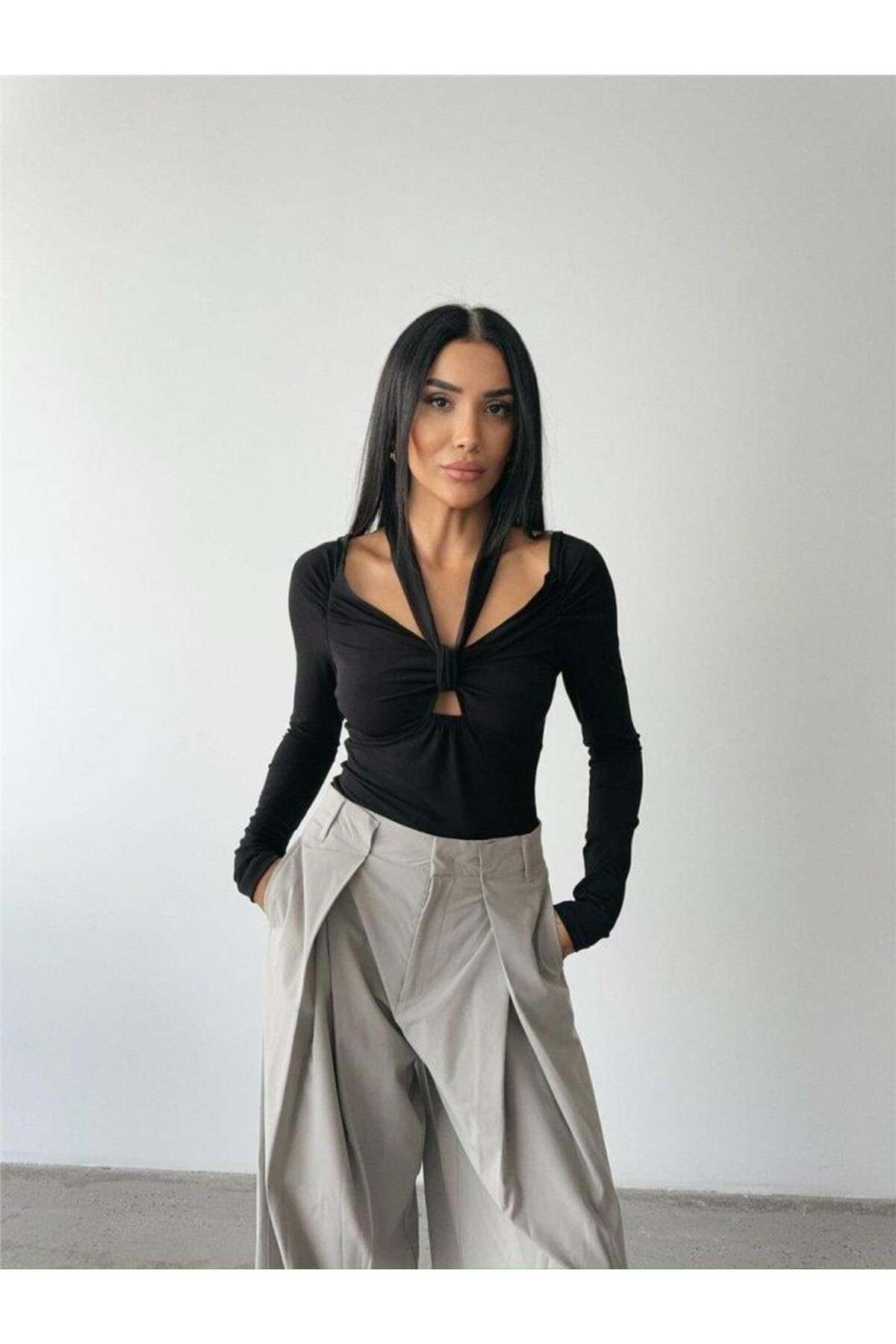 modamtn SANDY BODYSUİT ÖNDEN BAĞLAMA DETAYLI - Siyah
