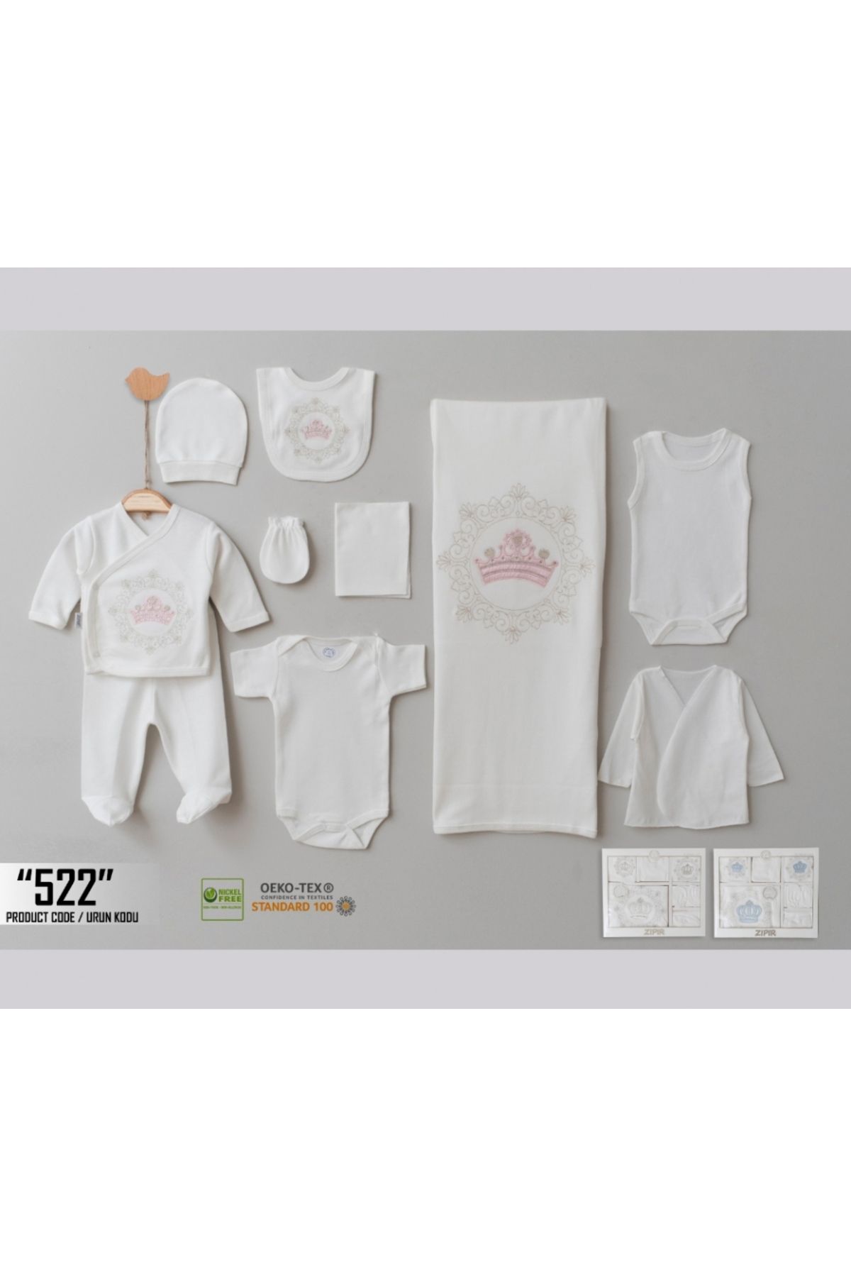 Pure Kids Store Kutulu %100 Organik Pamuk 10 Parça Kız ve Erkek Bebek Taç Nakışlı Hastane Çıkış Zıbın Seti